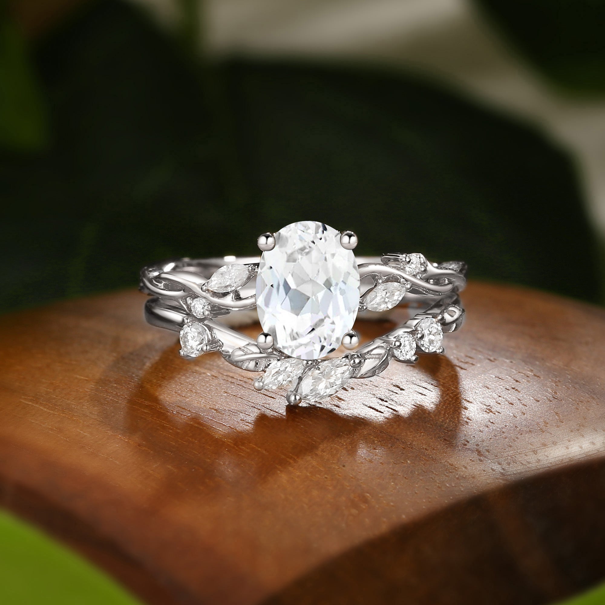 Oval Cut  White Sapphire Leaf Engagement Ring Set 2pcs -Coralie