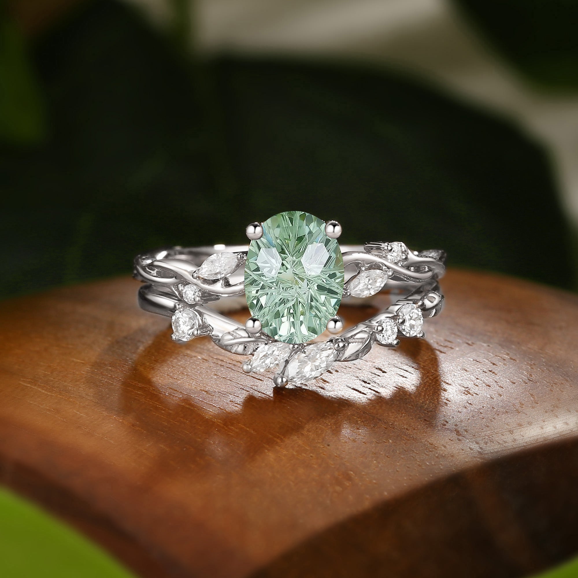 Firework Oval Cut  Green Sapphire Leaf Engagement Ring Set 2pcs - Coralie
