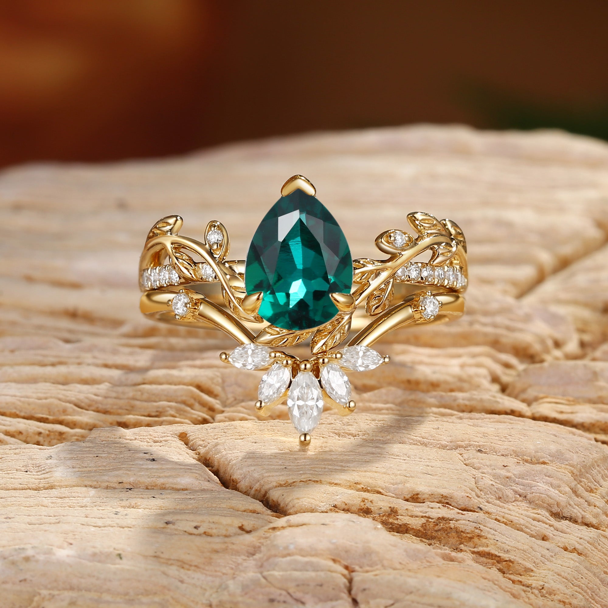 Jora - Pear Cut Lab Emerald Vine Inspired Leafy Bridal Set 2pcs