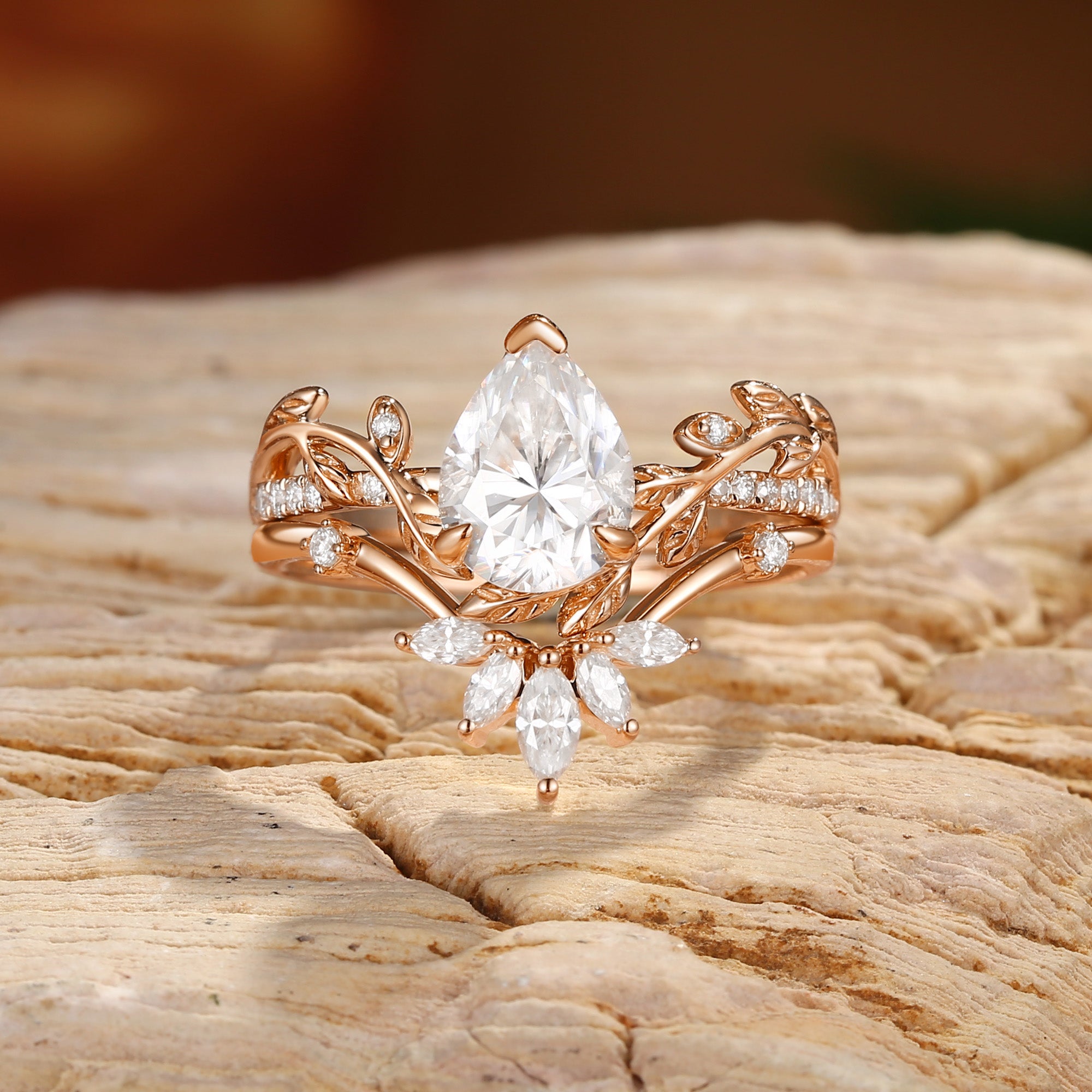 Leaf Ring - Pear Cut Moissanite Vine Inspired Leafy Bridal Set