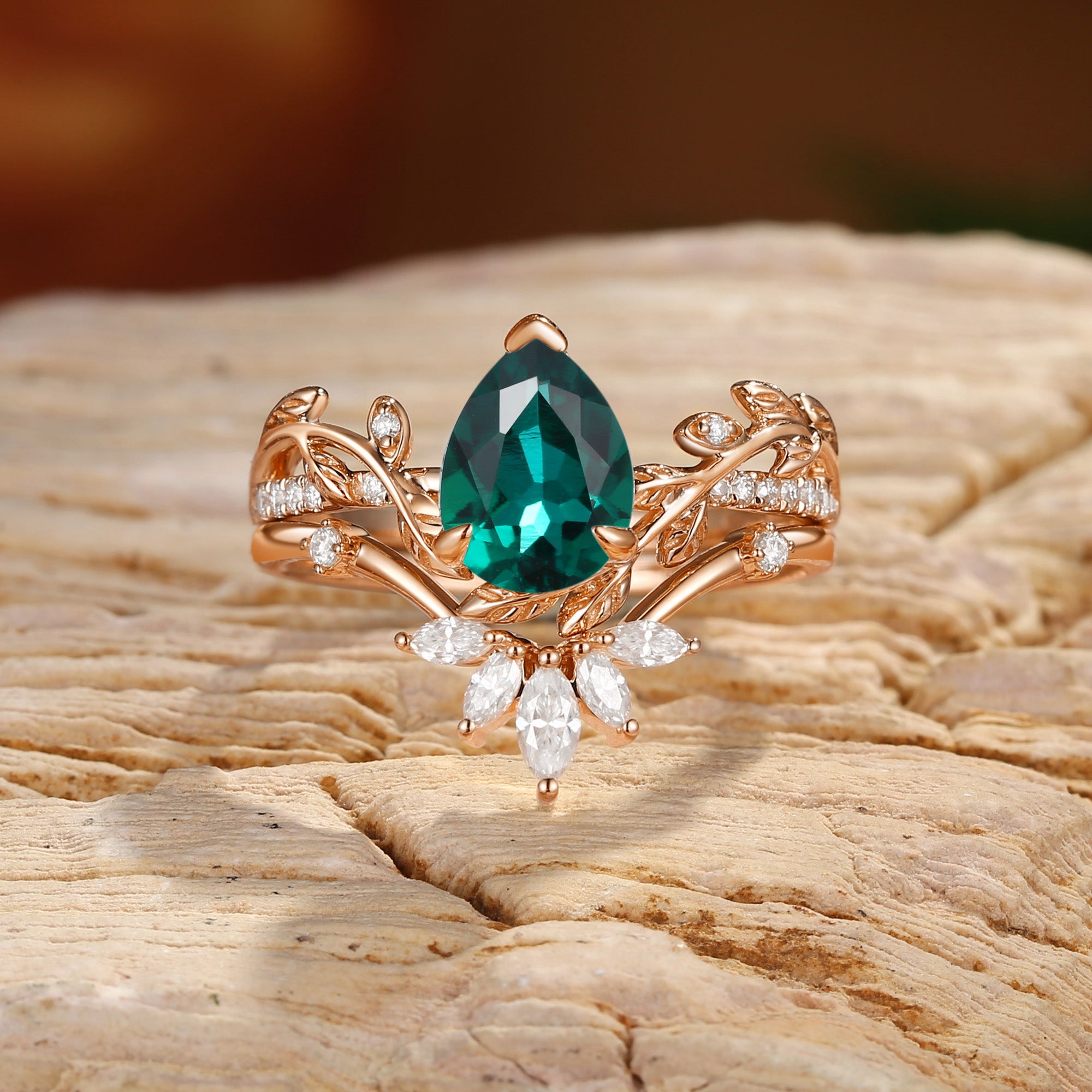 Jora - Pear Cut Lab Emerald Vine Inspired Leafy Bridal Set 2pcs