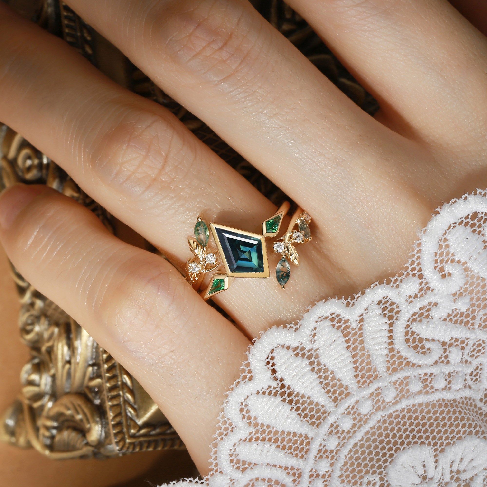 Kite Cut Natural Blue Green Sapphire & Leaf Moss Agate Bridal Sets 2pcs - Sylvia