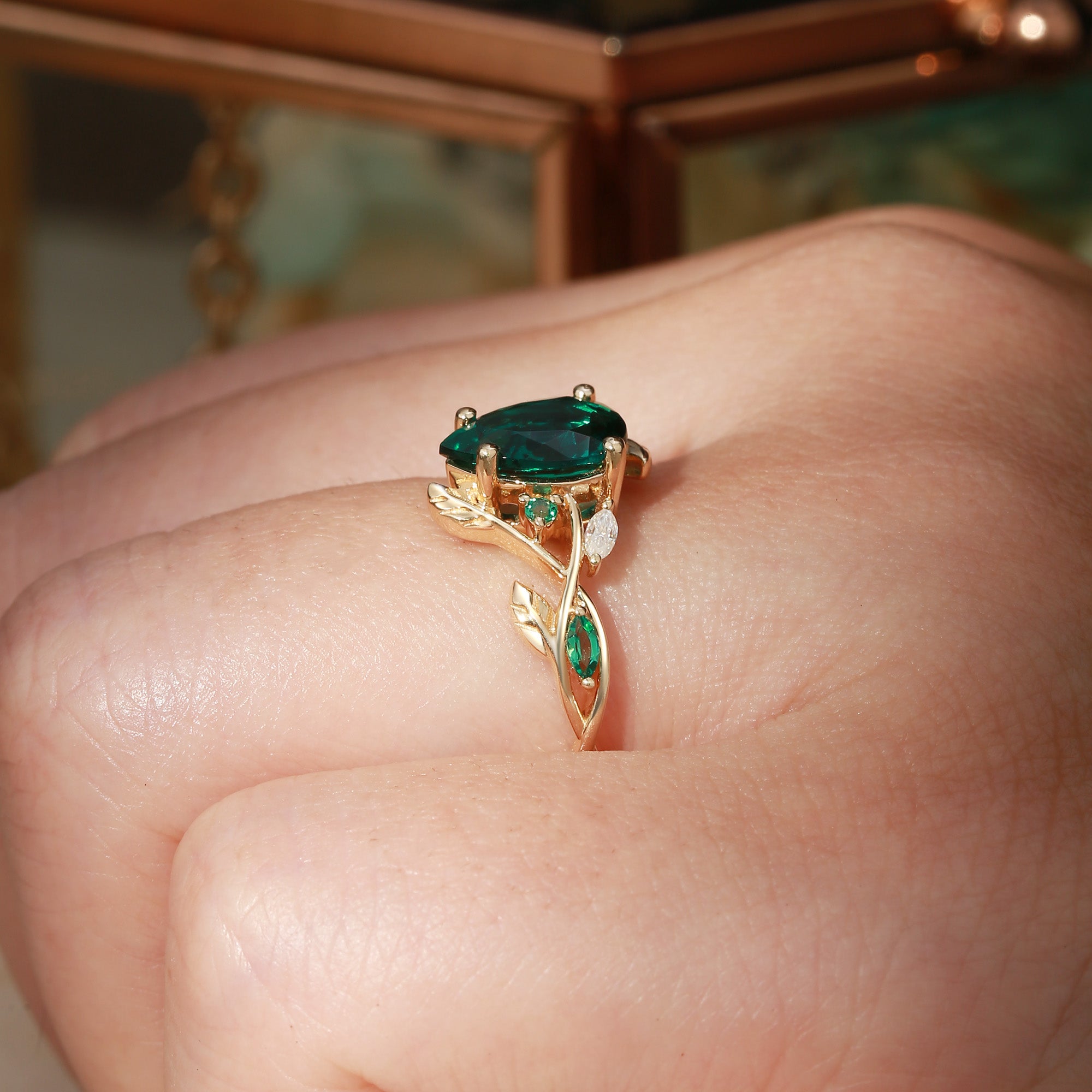 Everly - Nature Inspried Lab Emerald Pear Cut Leaf Engagement Ring