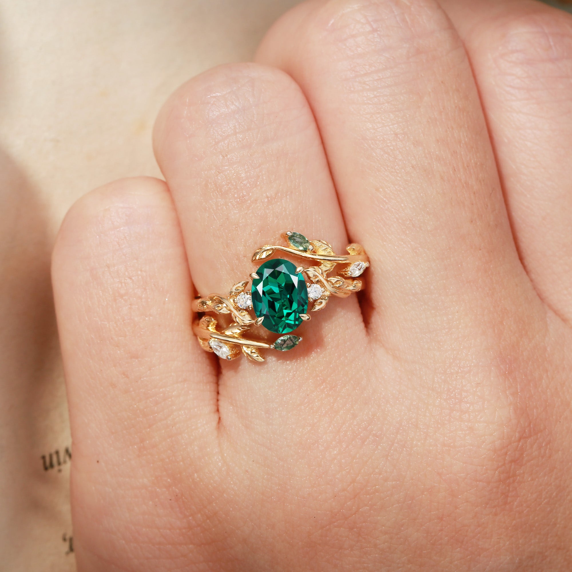 Helen - Lab Emerald Leafy Engagement Ring Set 2pcs