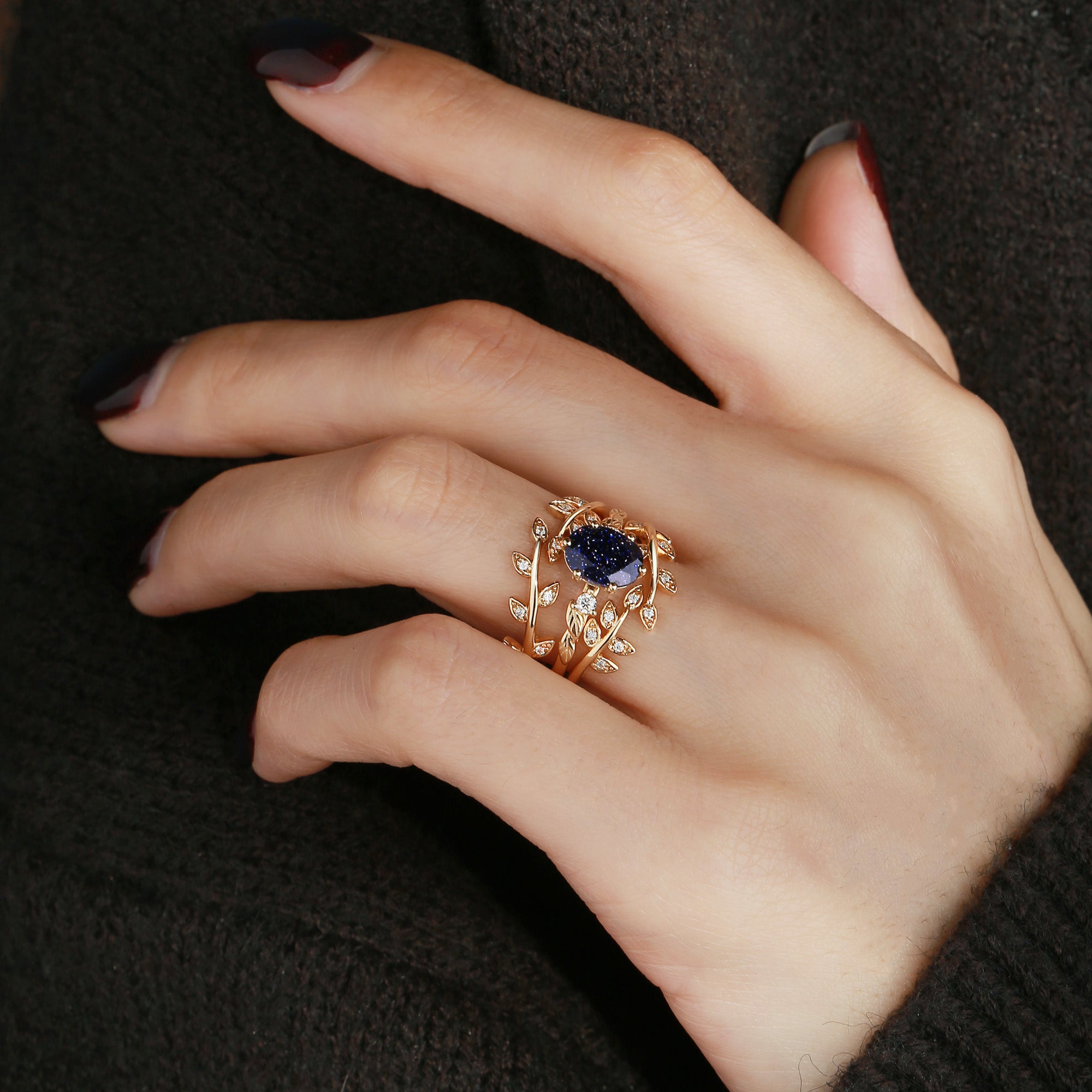 Hedwige - Blue Sandstone Leafy Branch Enhancer Ring Set 2pcs