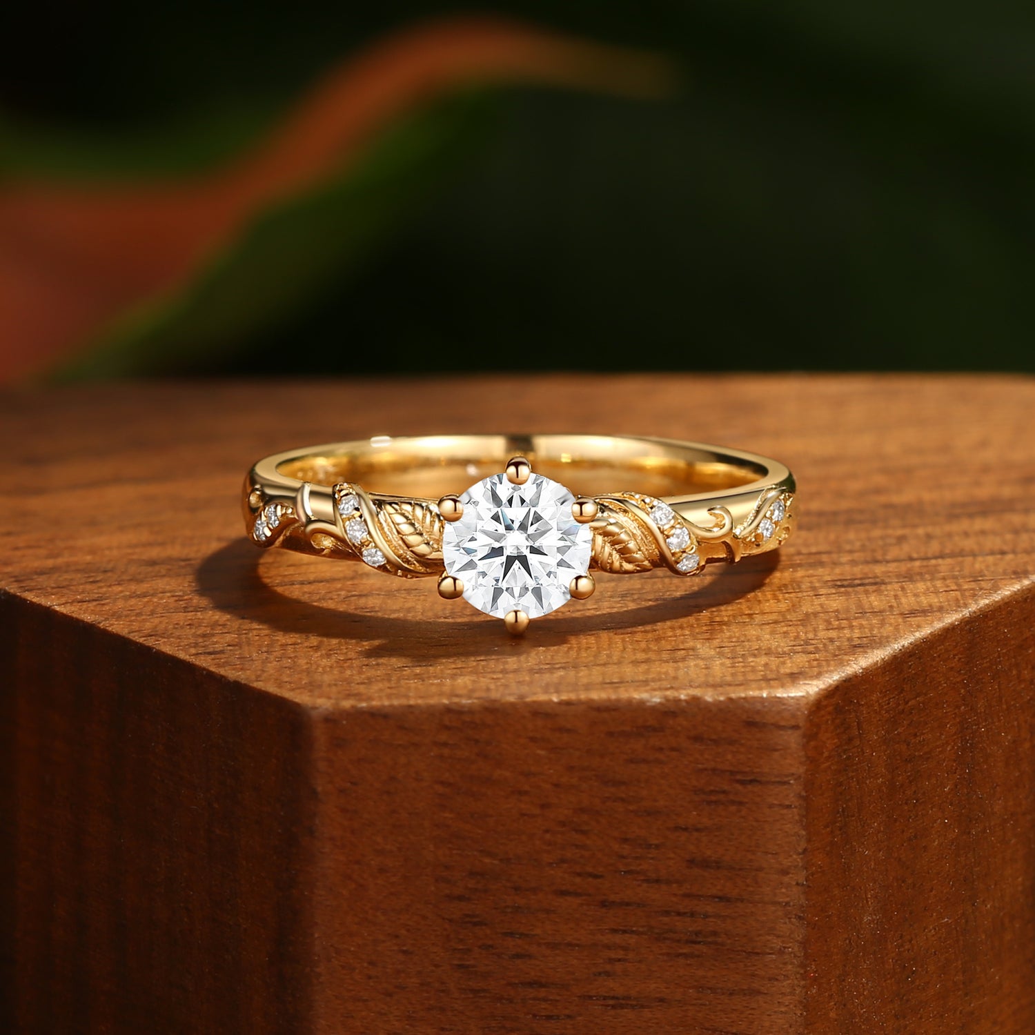 Marcella - Round Cut Moissanite Vintage Leaf Engagement Ring