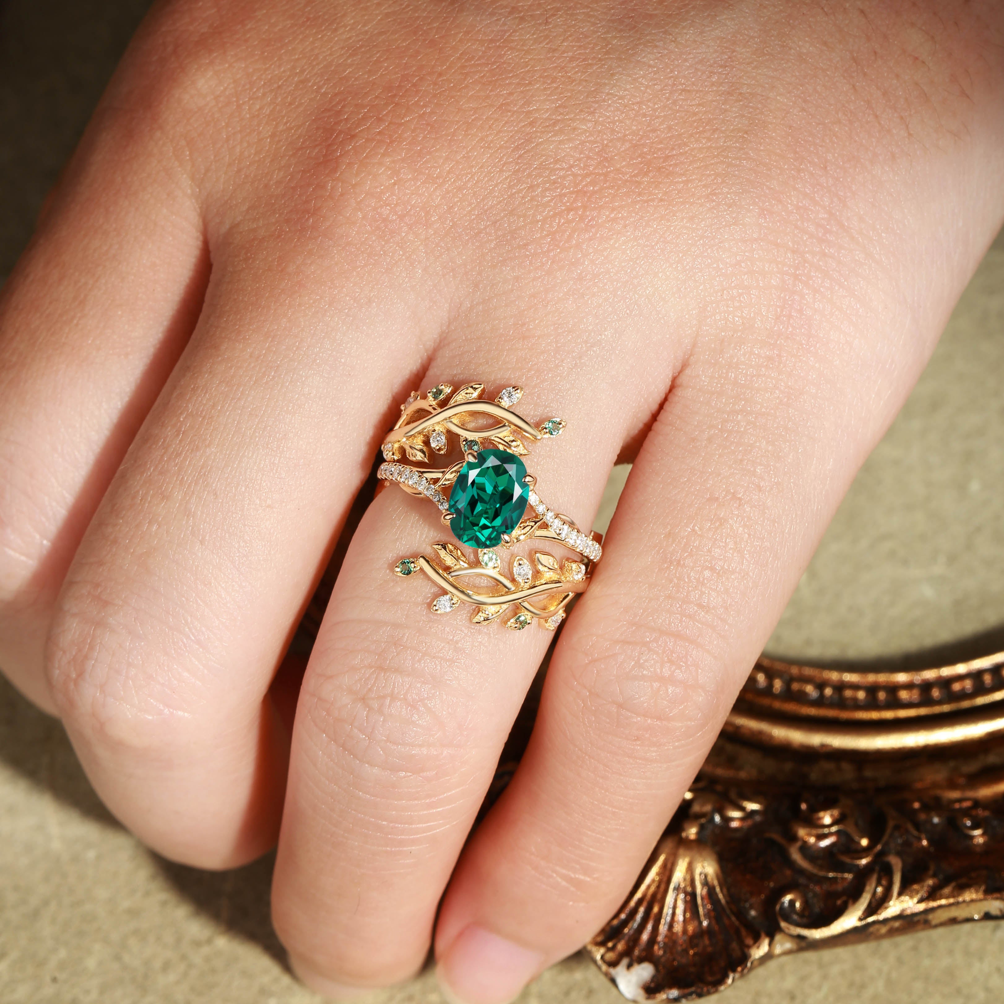 Hermine - Moss Agate & Alexandrite Engagement Enhancer Ring Set 2pcs