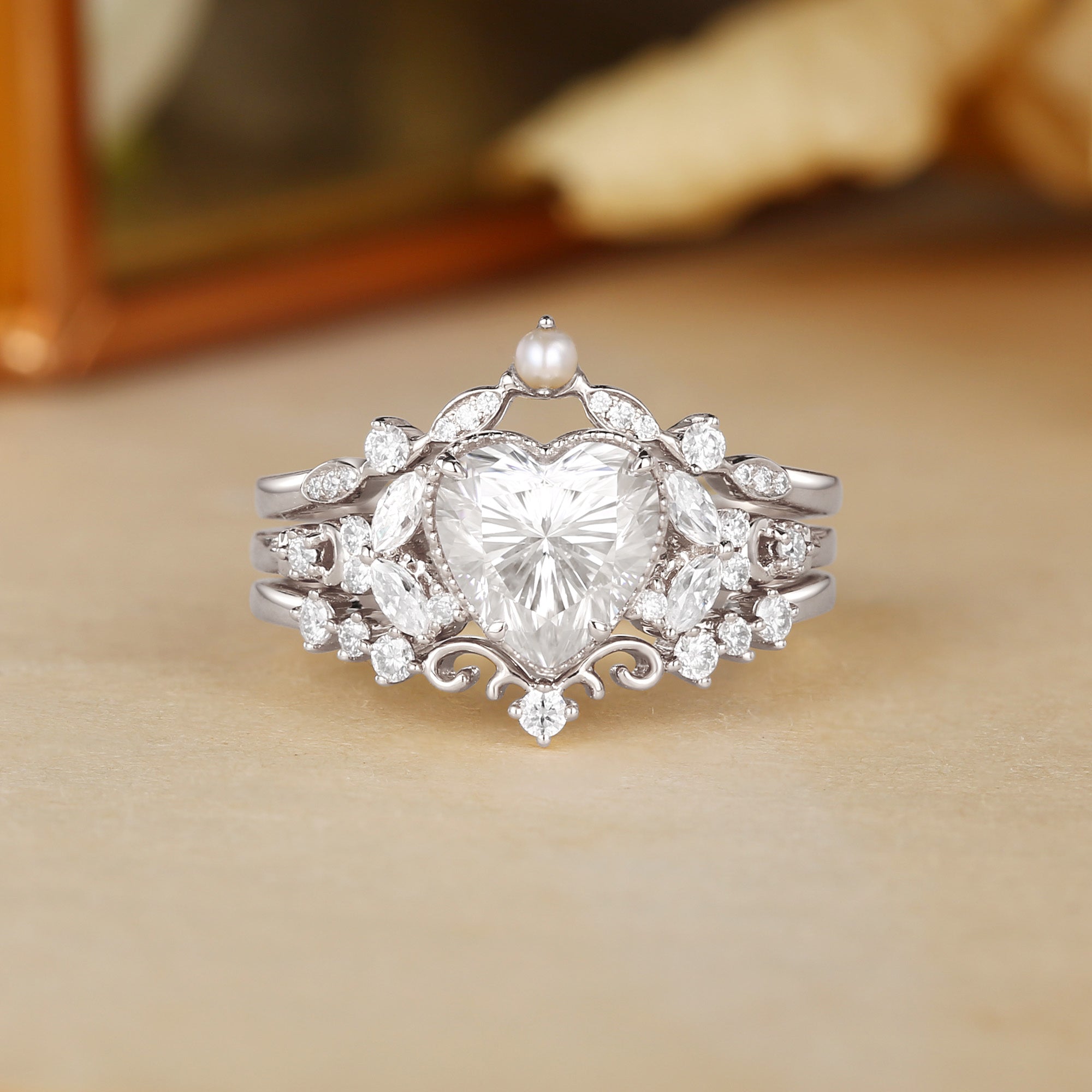 Blanche - Heart Cut Moissanite Butterfly Pearl Ring Bridal Sets 3pcs