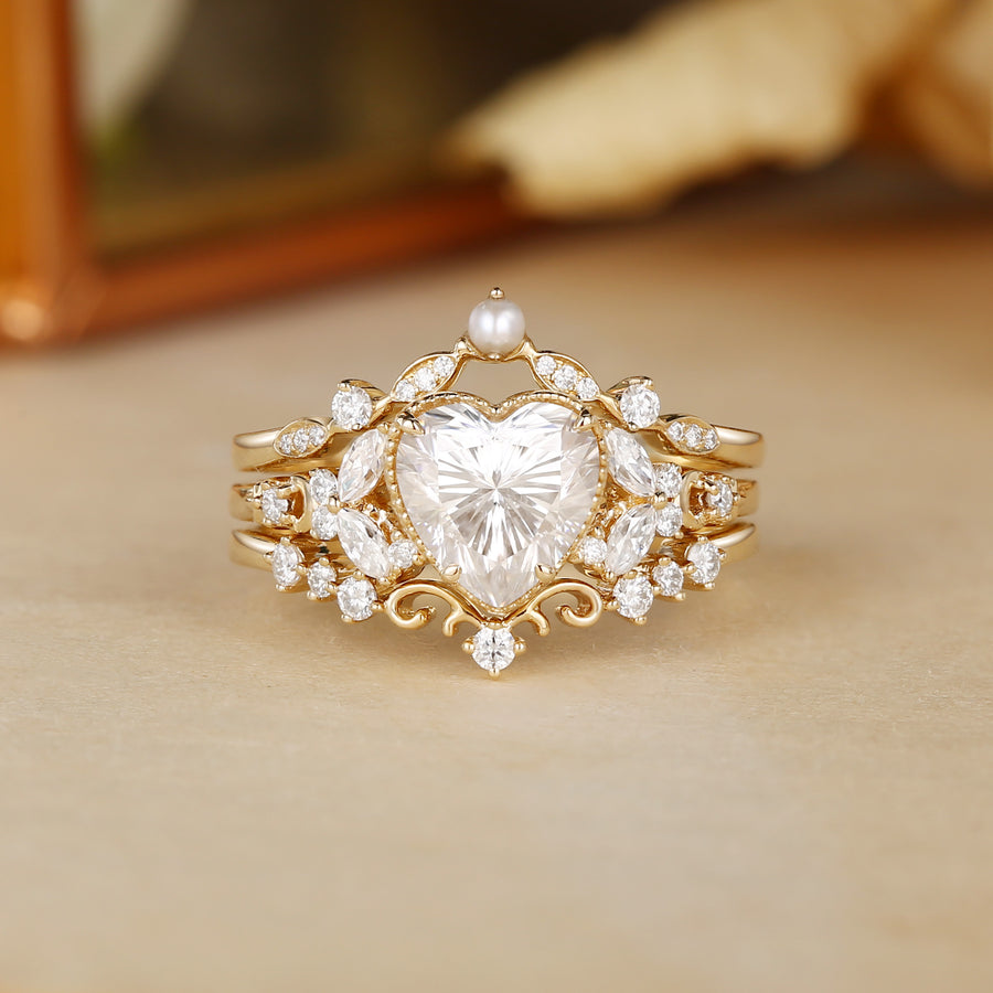 Blanche - Heart Cut Moissanite Butterfly Pearl Ring Bridal Sets 3pcs