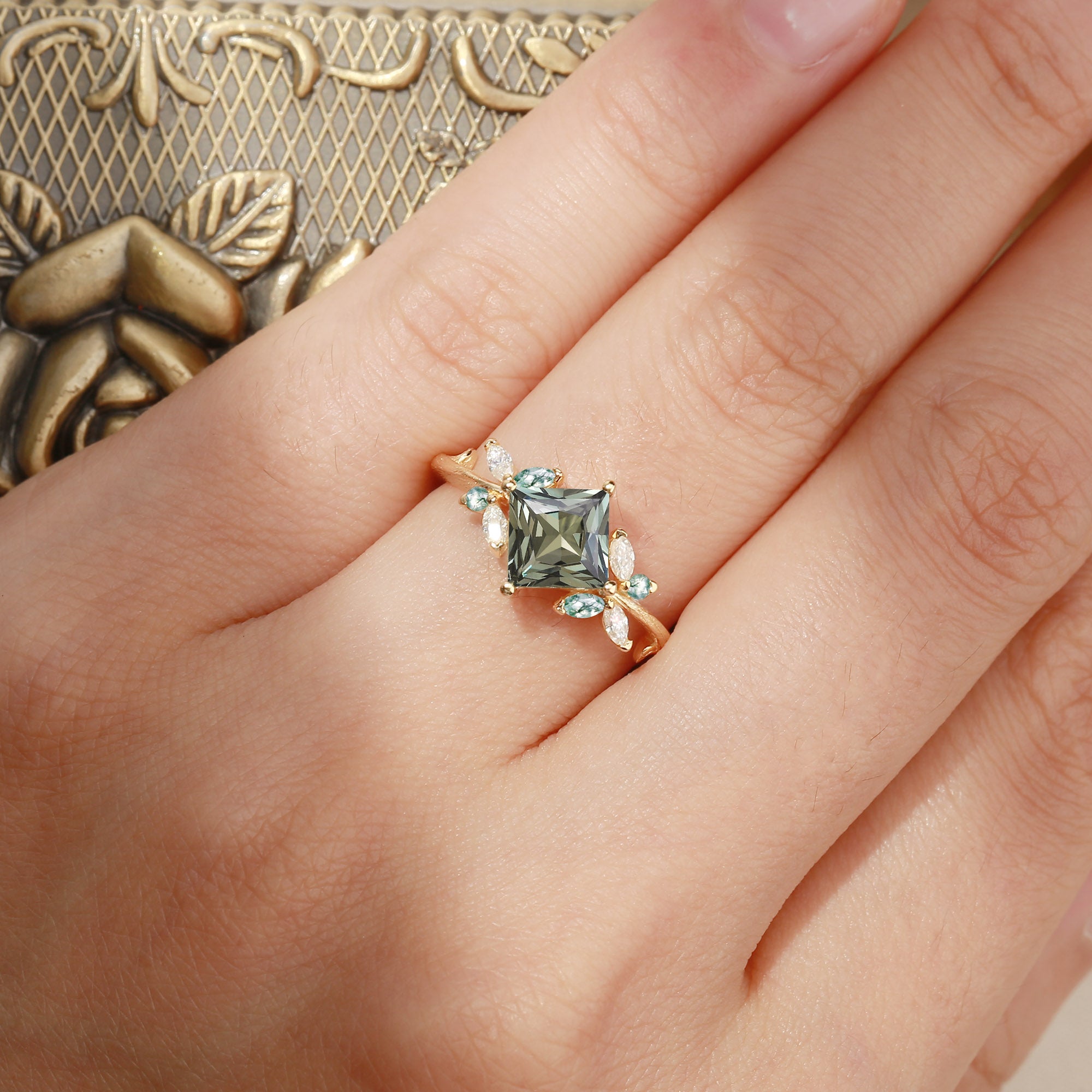 Glenna - Princess Cut Lab Green Sapphire Butterfly Fairy Engagement Ring