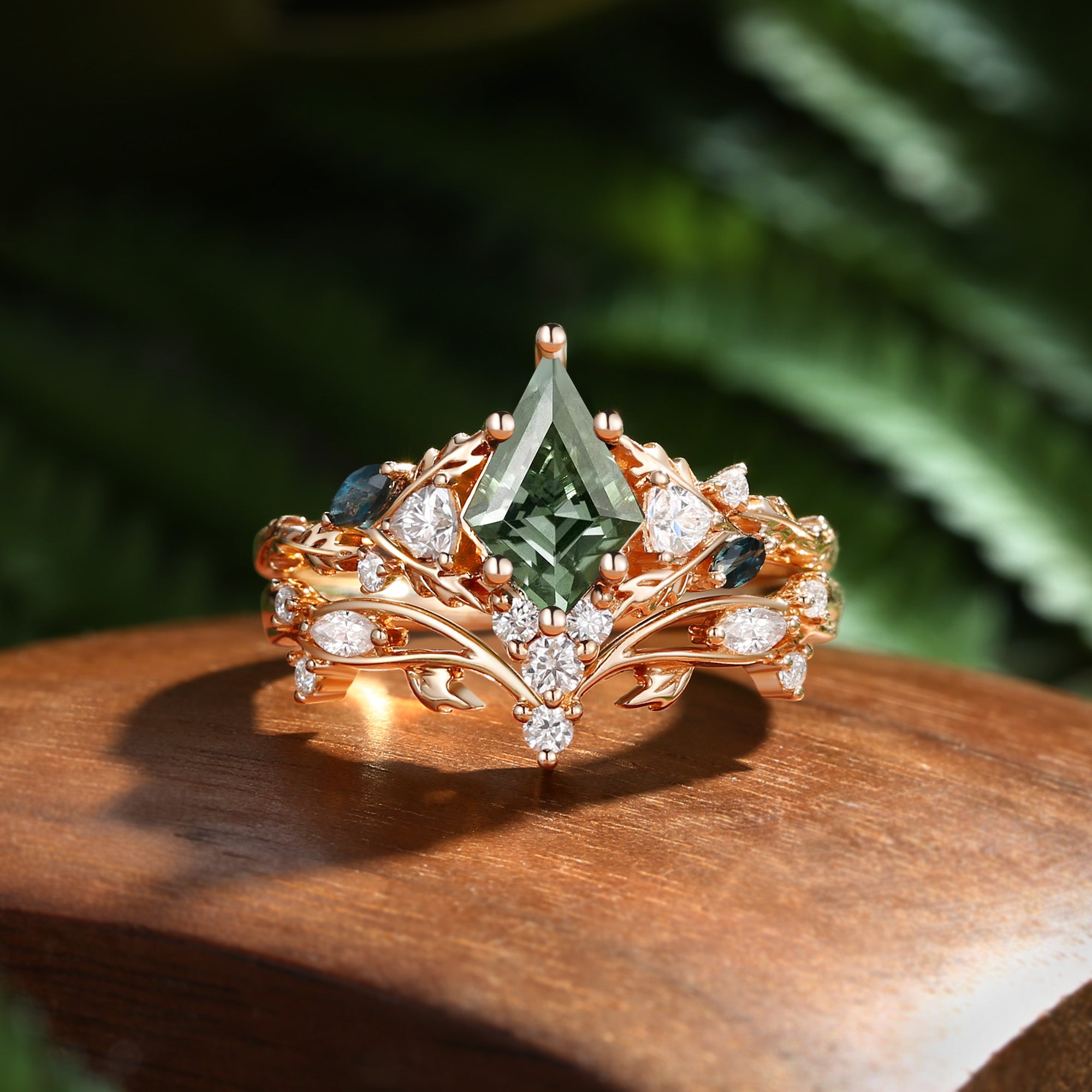 Katriel - 1.5CT Kite Cut Lab Green Sapphire Oak Leaf Fairy Bridal Sets 2pcs