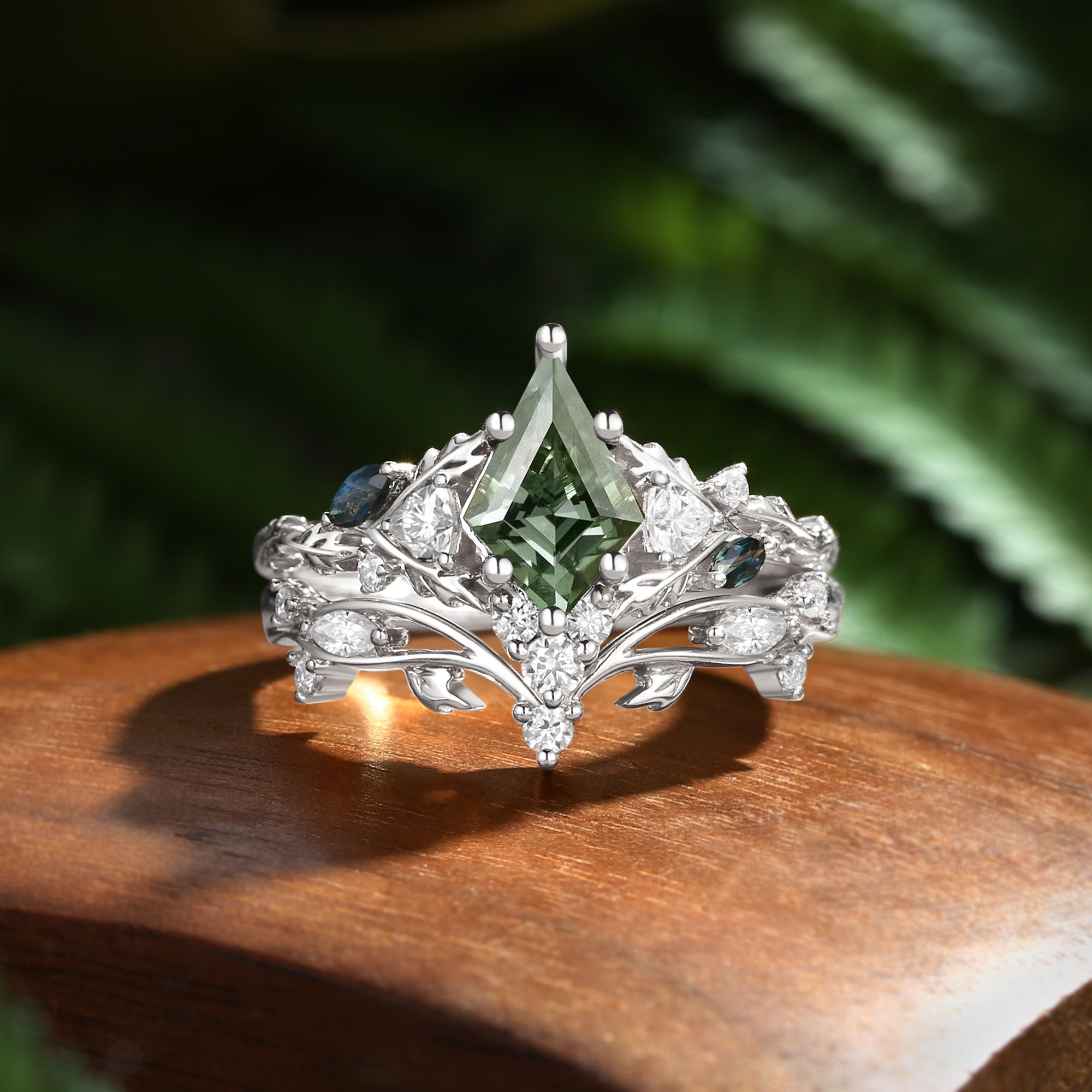 Katriel - 1.5CT Kite Cut Lab Green Sapphire Oak Leaf Fairy Bridal