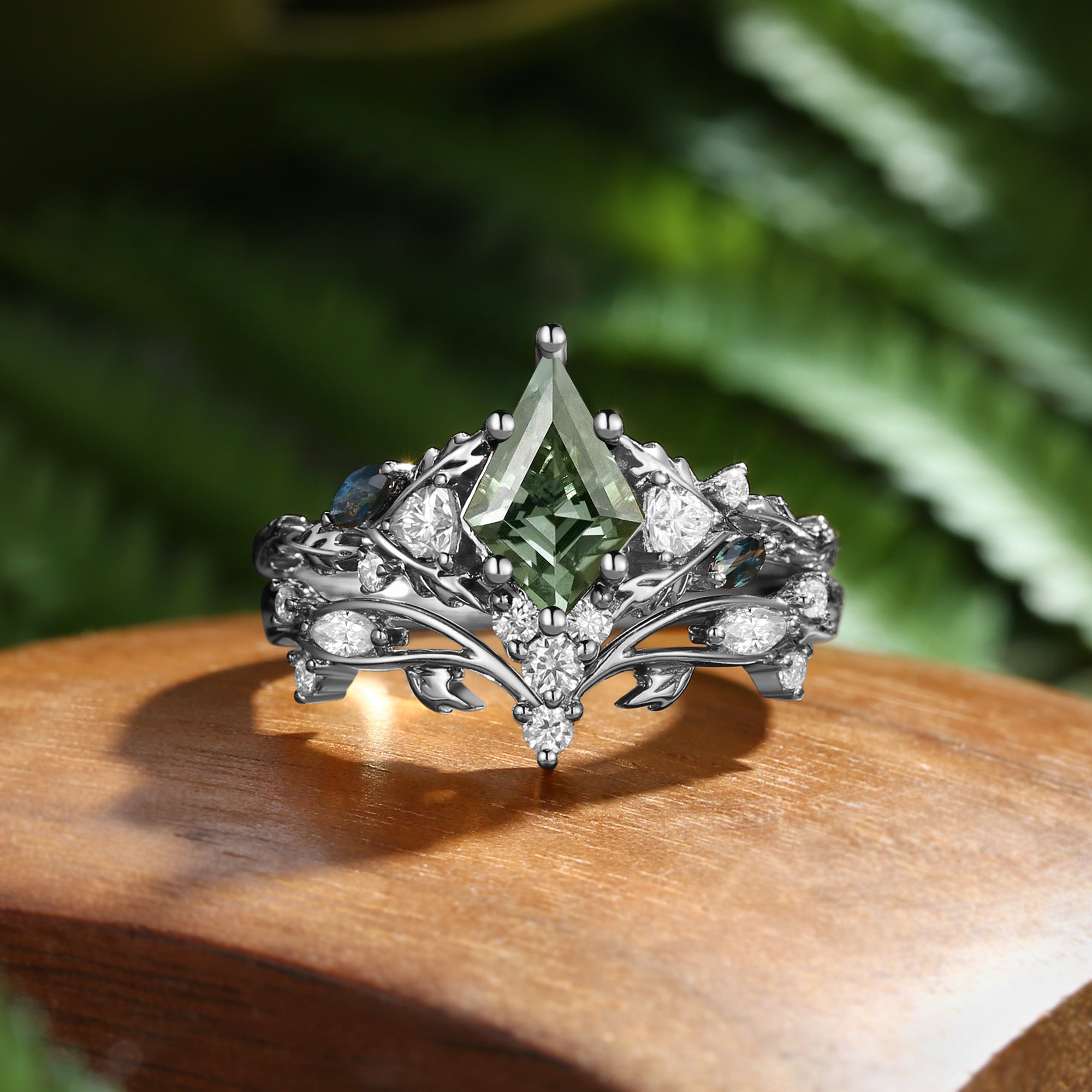 Katriel - 1.5CT Kite Cut Lab Green Sapphire Oak Leaf Fairy Bridal Sets 2pcs