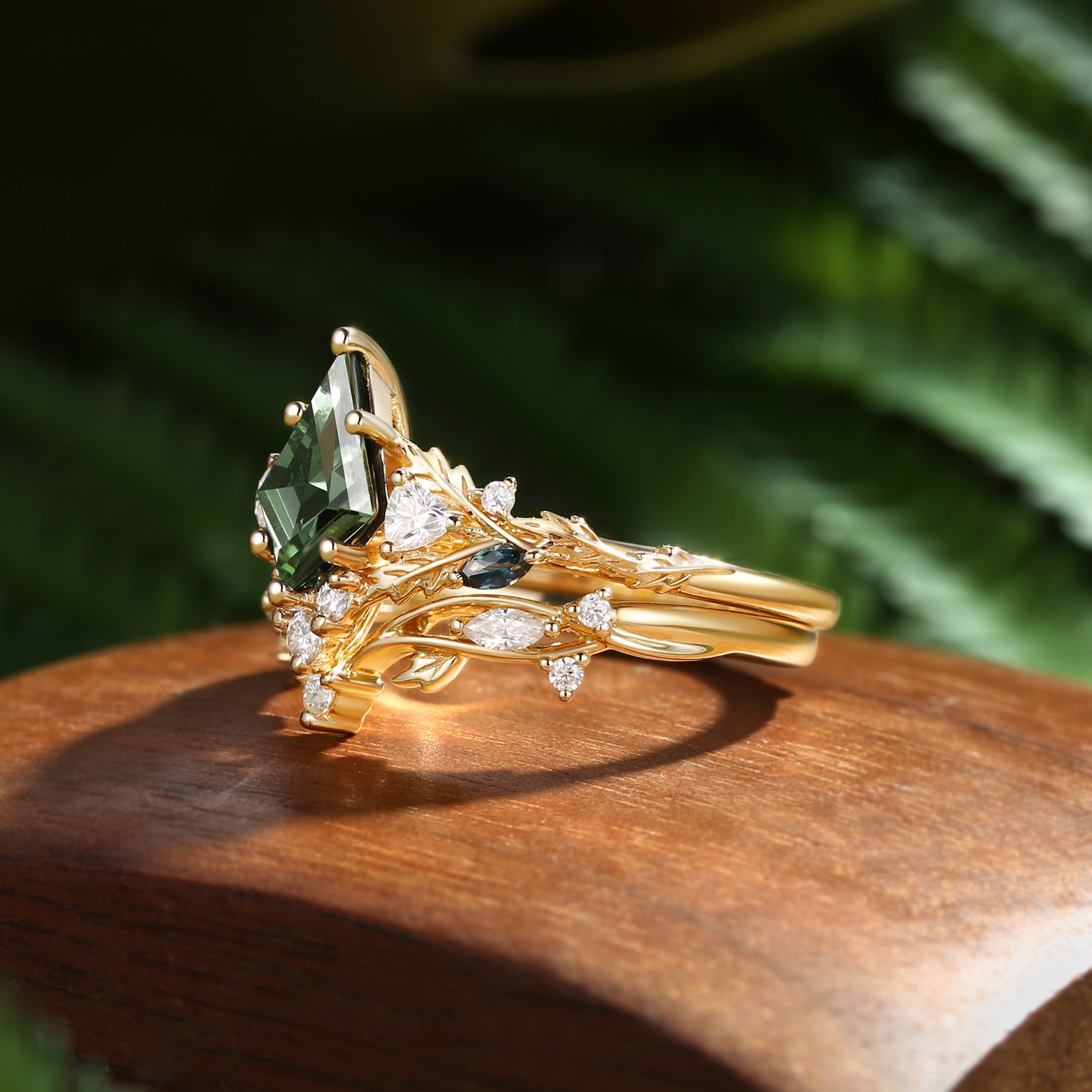 Katriel - 1.5CT Kite Cut Lab Green Sapphire Oak Leaf Fairy Bridal Sets 2pcs