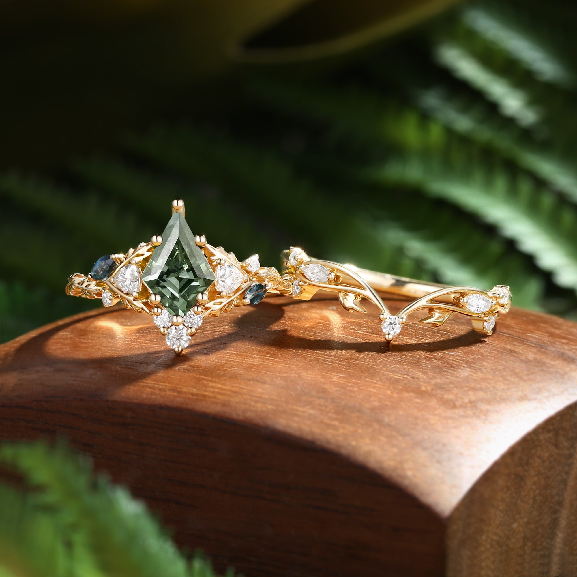 Katriel - 1.5CT Kite Cut Lab Green Sapphire Oak Leaf Fairy Bridal Sets 2pcs