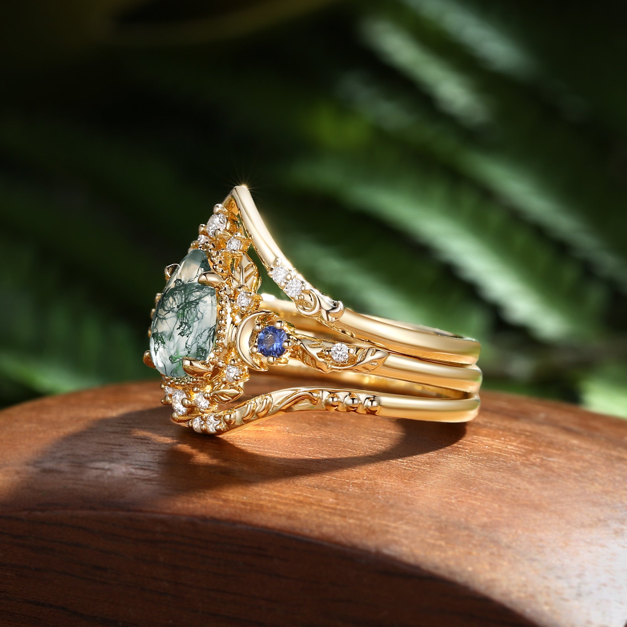 Yuna - Unique Moonlight Moss Agate Pear Cut Vine Leaf Ring Bridal Sets 2pcs