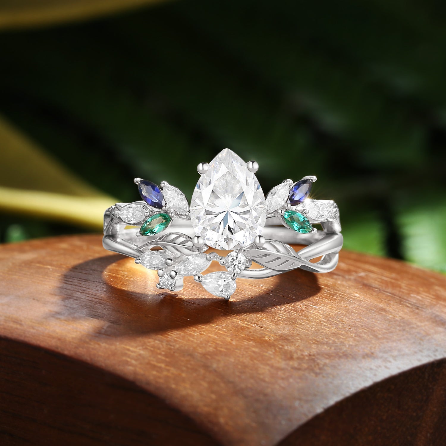 Abella - Pear Cut Moissanite & Sapphire & Emerald Butterfly Leaf Bridal Sets 2pcs