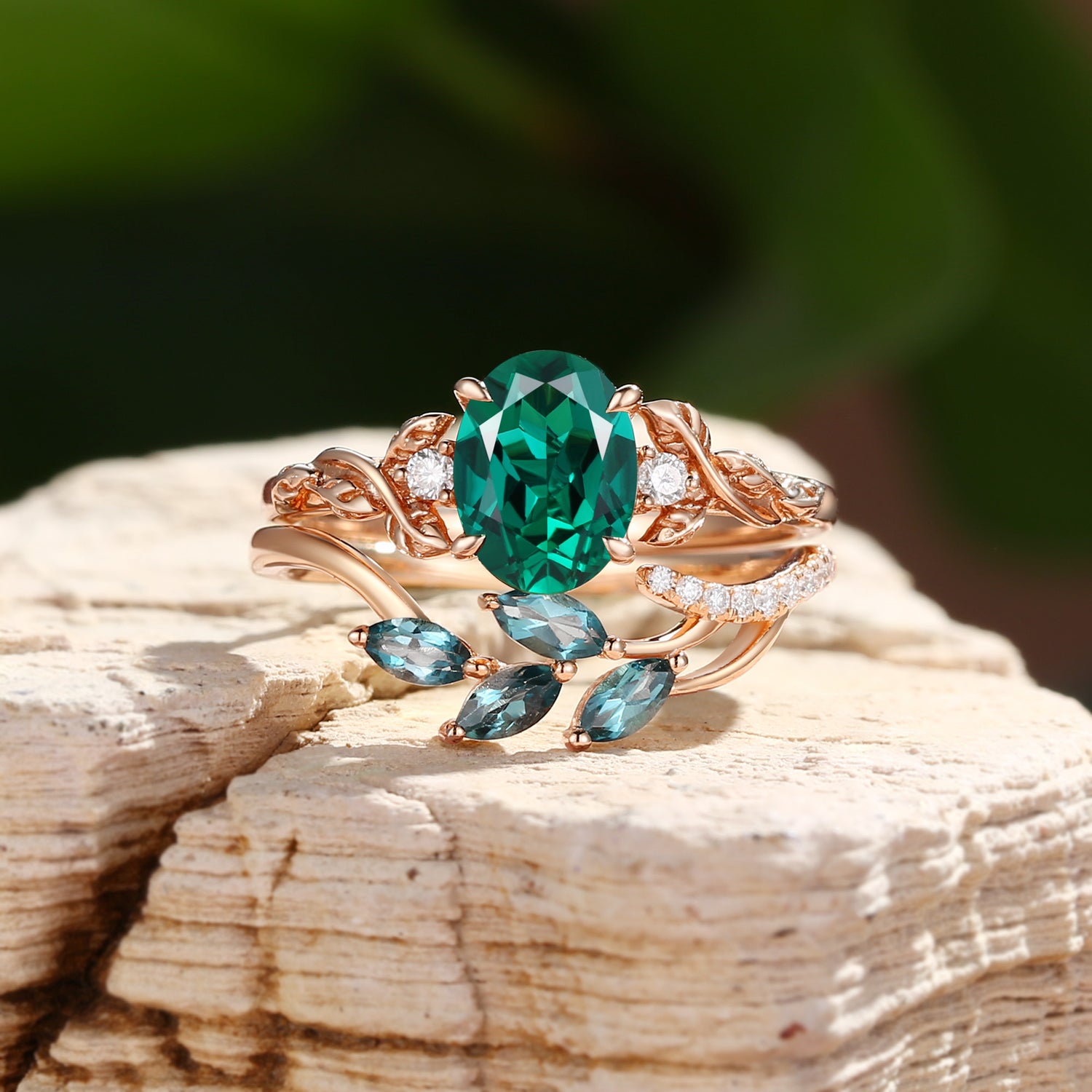 Eden - Oval Cut Lab Emerald Vintage Leaf Branch Bridal Sets 2pcs
