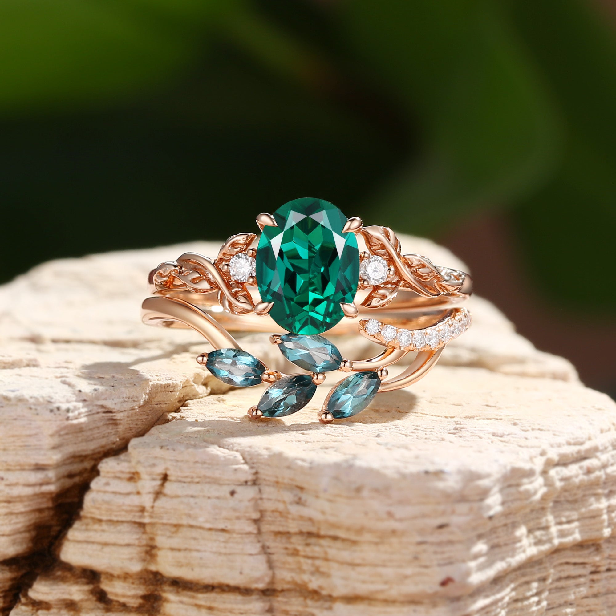 Eden - Oval Cut Lab Emerald Vintage Leaf Branch Bridal Sets 2pcs