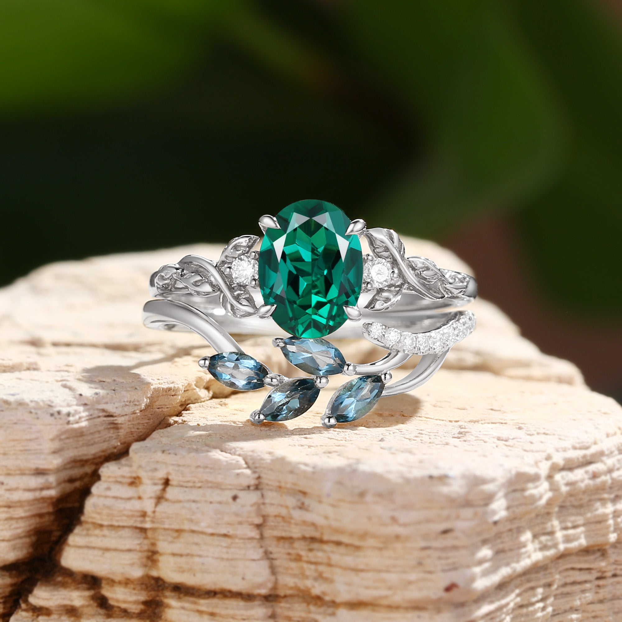 Eden - Oval Cut Lab Emerald Vintage Leaf Branch Bridal Sets 2pcs