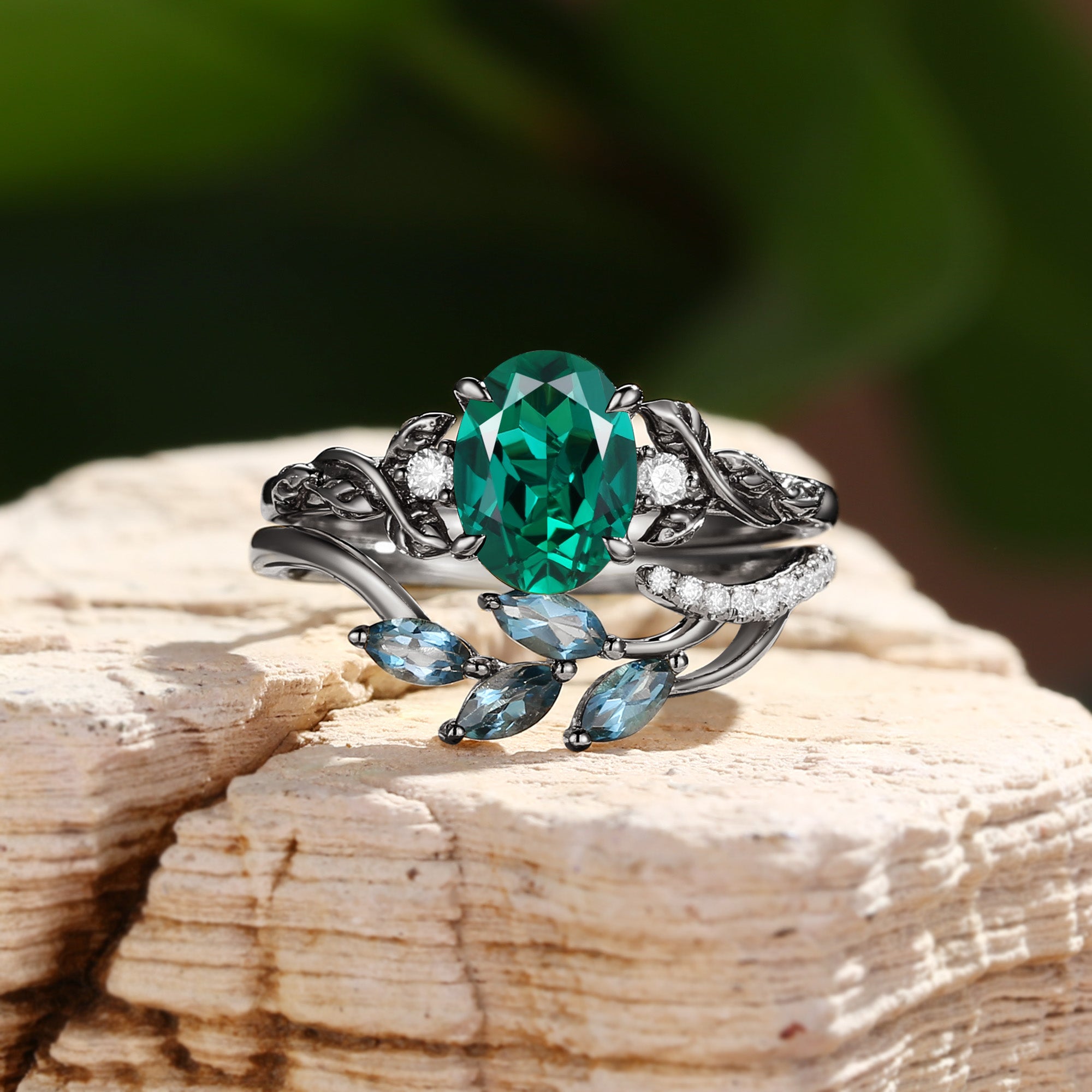 Eden - Oval Cut Lab Emerald Vintage Leaf Branch Bridal Sets 2pcs