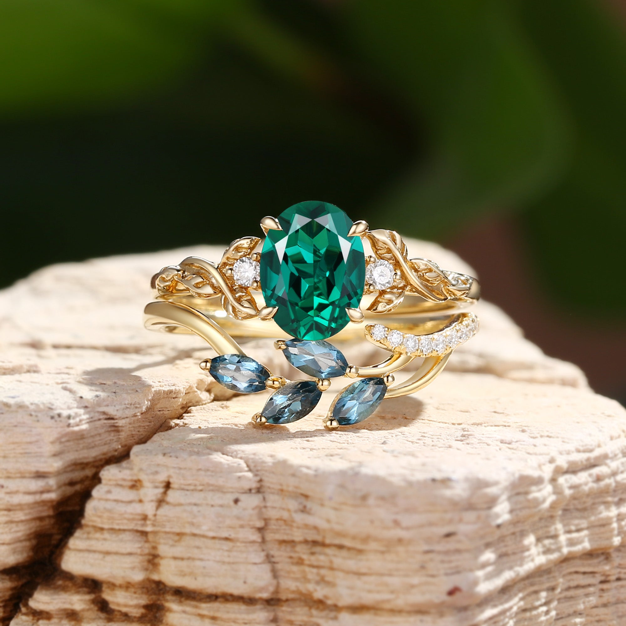 Eden - Oval Cut Lab Emerald Vintage Leaf Branch Bridal Sets 2pcs