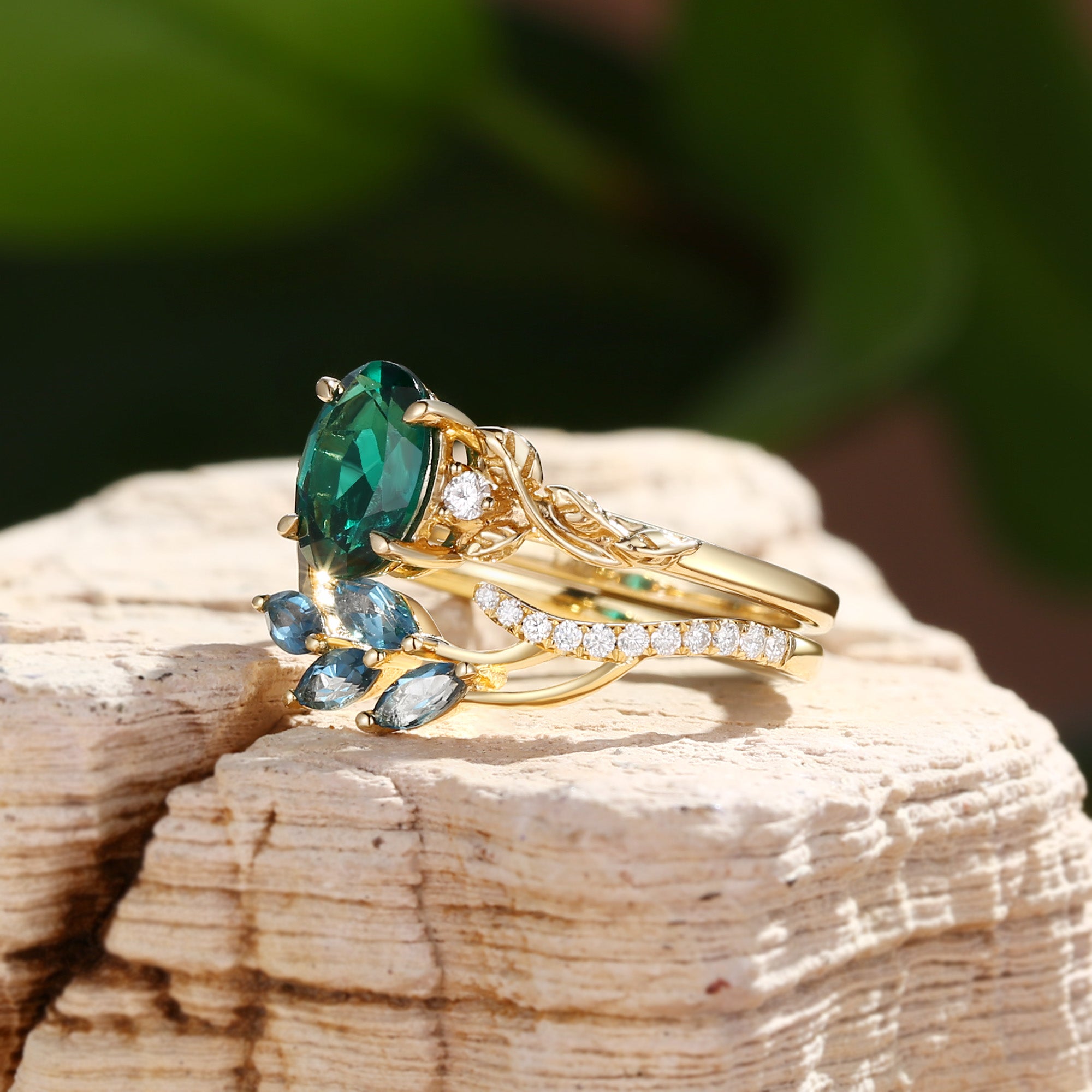 Eden - Oval Cut Lab Emerald Vintage Leaf Branch Bridal Sets 2pcs