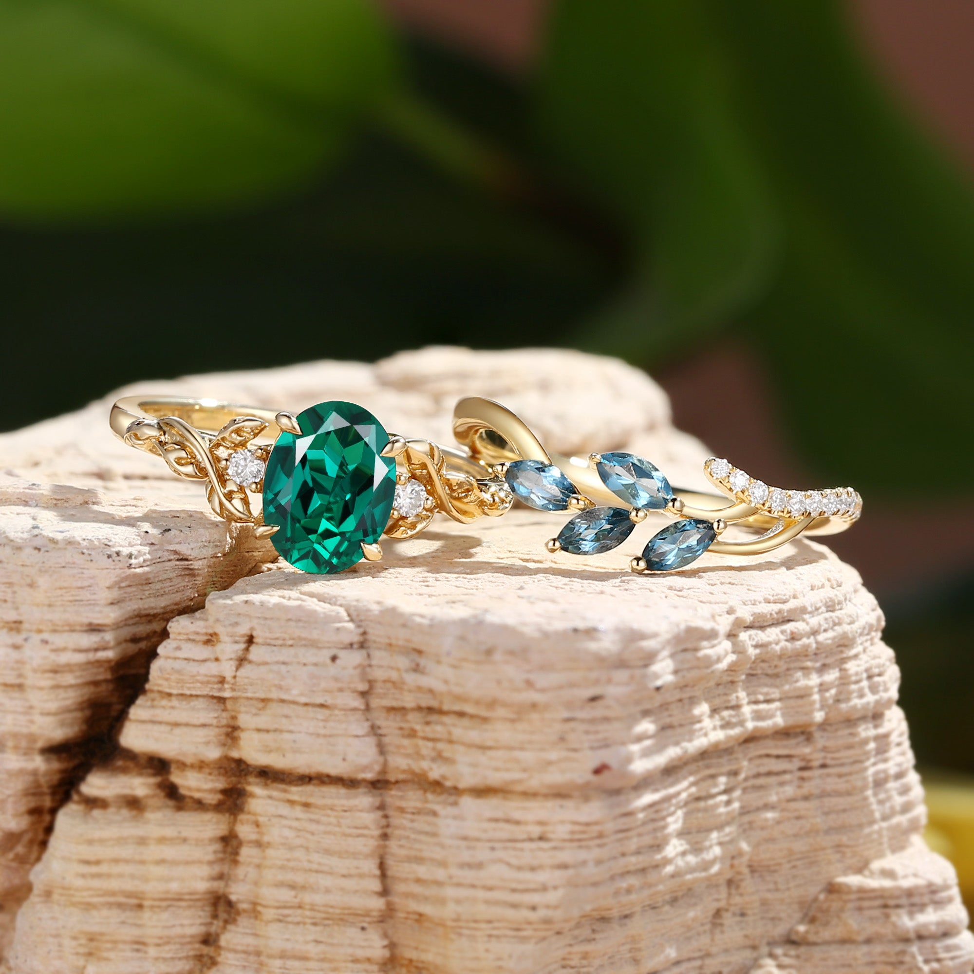 Eden - Oval Cut Lab Emerald Vintage Leaf Branch Bridal Sets 2pcs