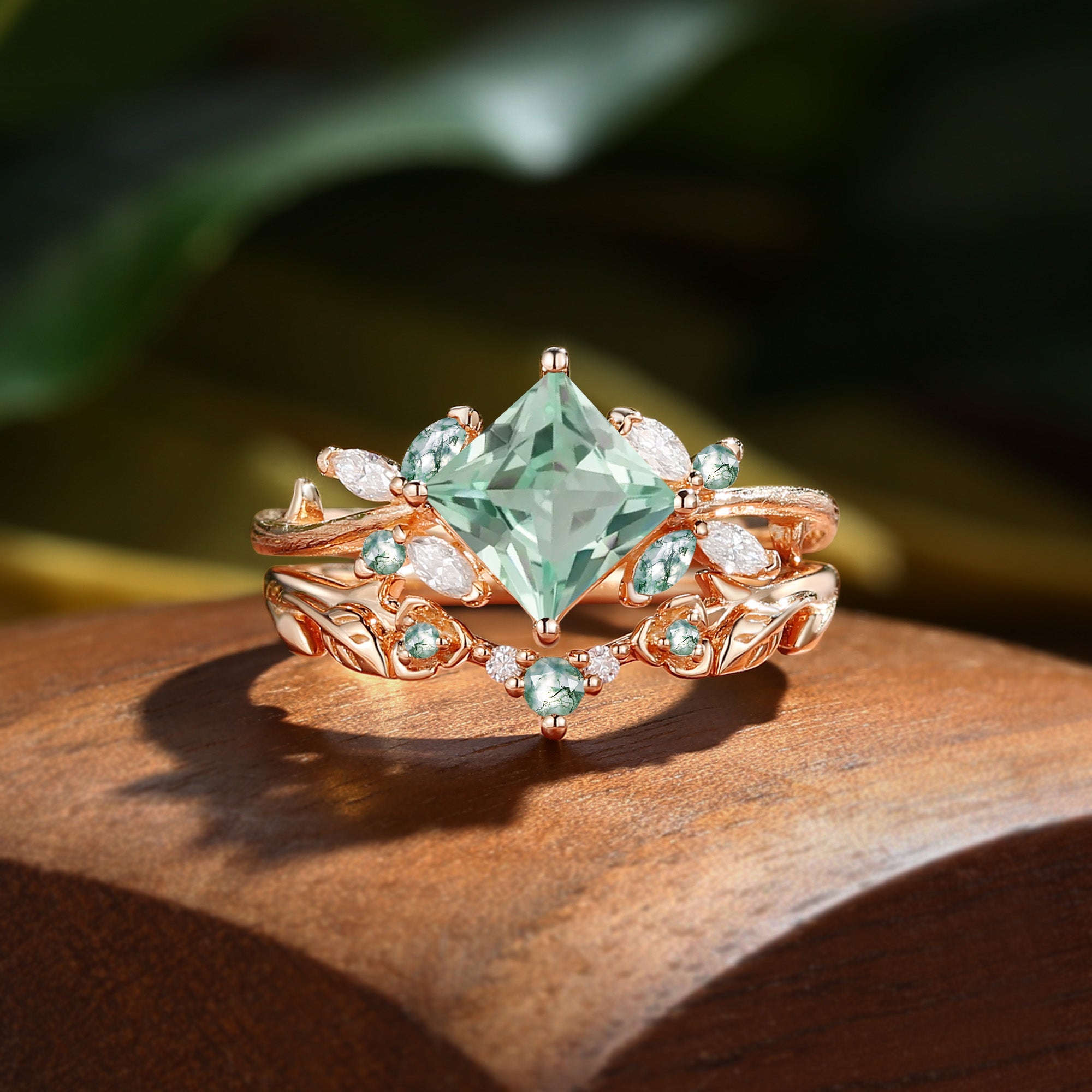 Princess Cut Lab Green Sapphire Butterfly Fairy Bridal Sets 2pcs - Glenna