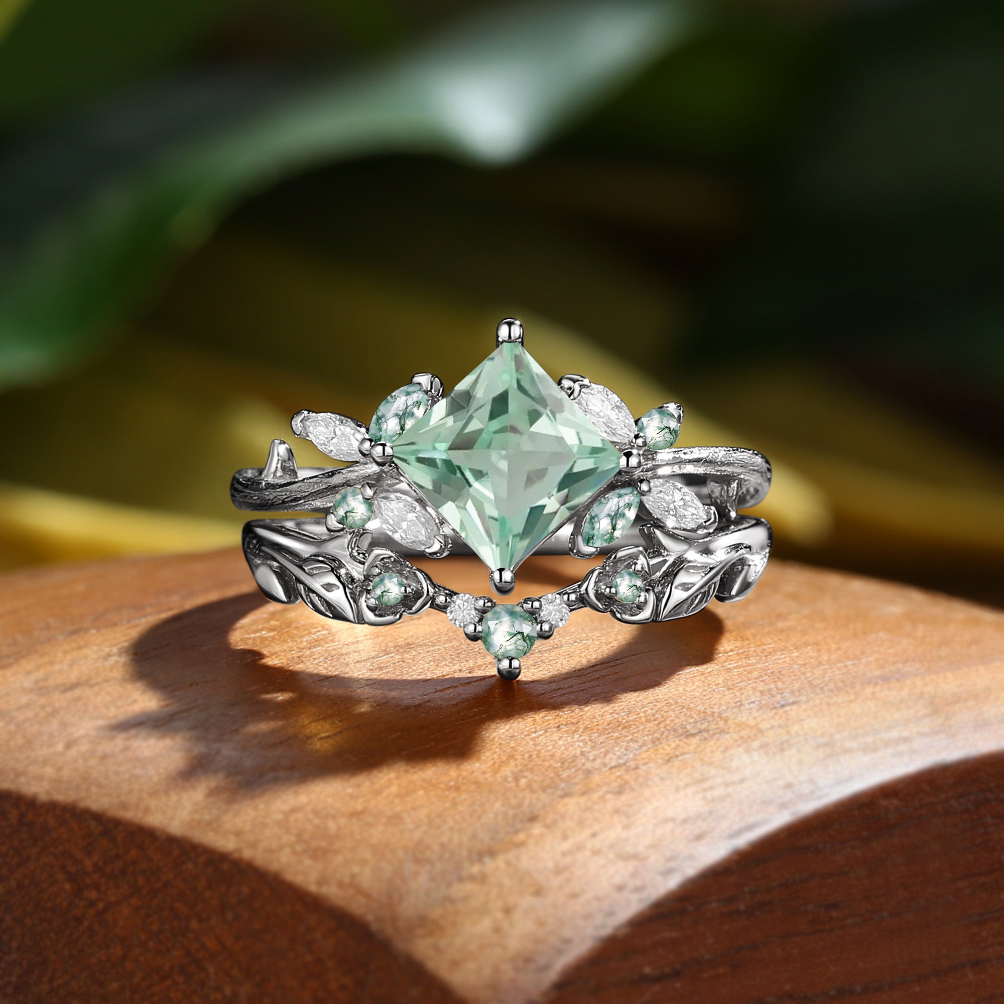 Princess Cut Lab Green Sapphire Butterfly Fairy Bridal Sets 2pcs - Glenna