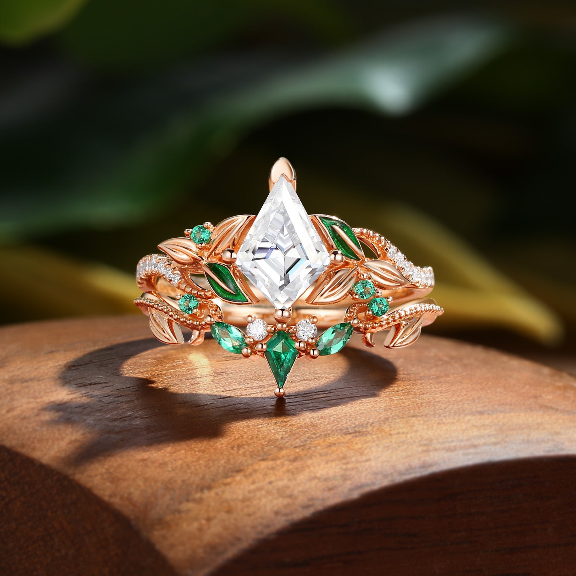 Faye - Unique Kite Cut Moissanite Leaf Enamel Fairy Bridal Sets 2pcs