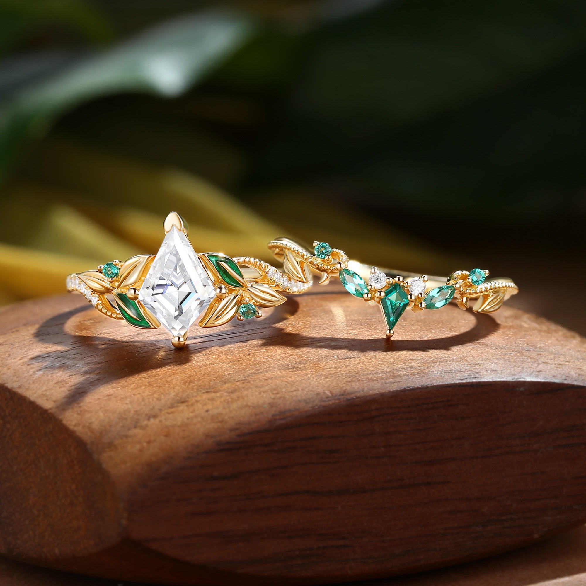 Faye - Unique Kite Moissanite Leaf Enamel Fairy Bridal Sets 2pcs