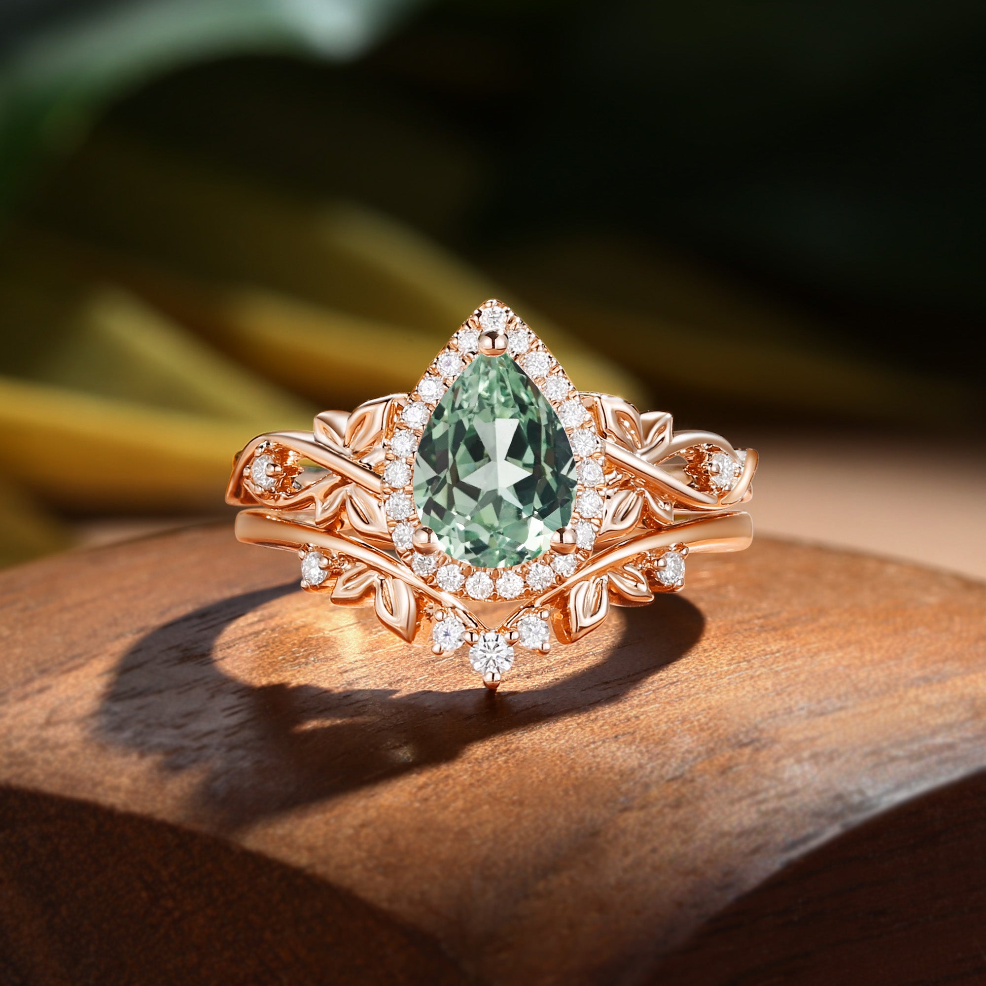 Halo Vintage Pear Cut Green Sapphire Butterfly Nature Inspired Bridal Set 2pcs - Albertine
