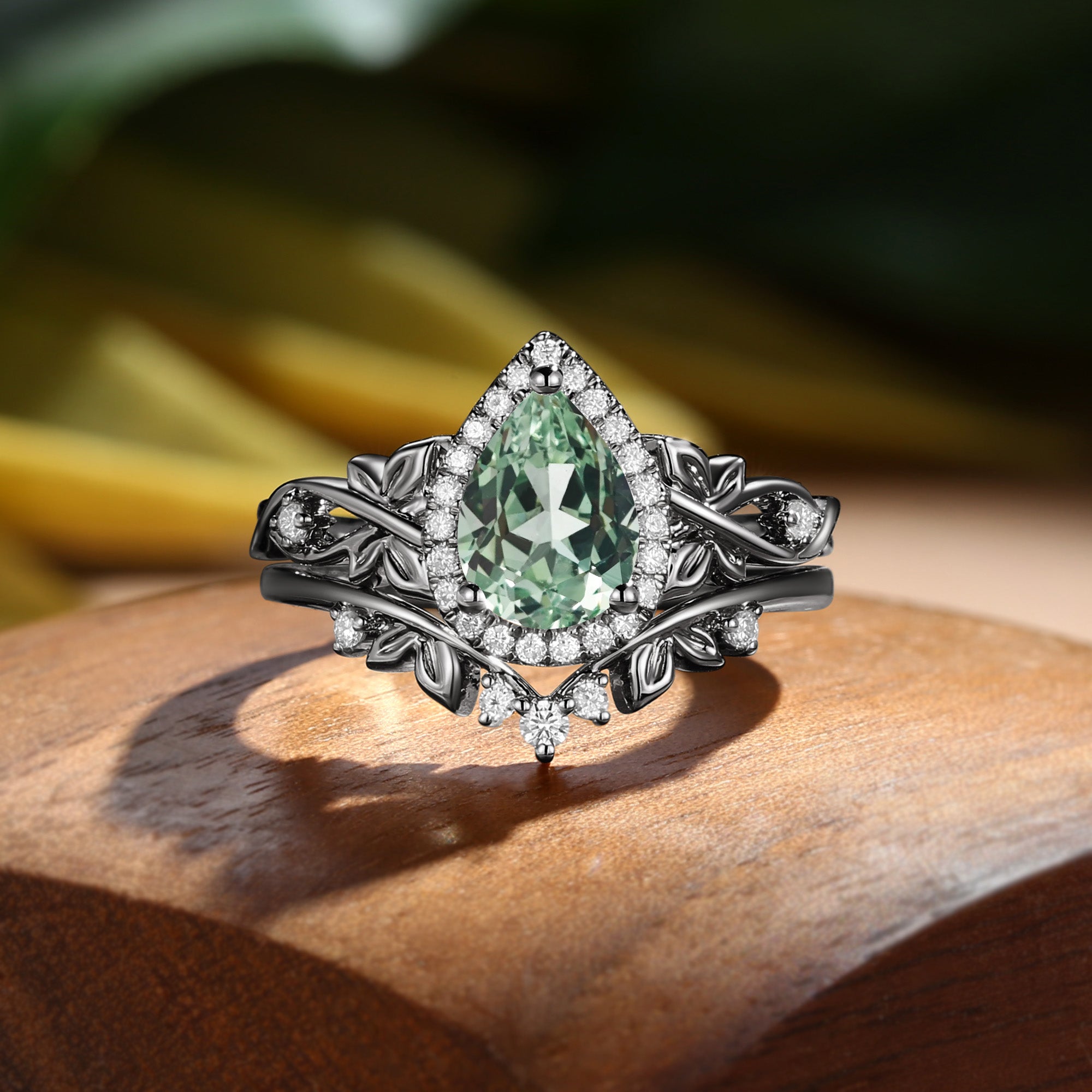 Halo Vintage Pear Cut Green Sapphire Butterfly Nature Inspired Bridal Set 2pcs - Albertine