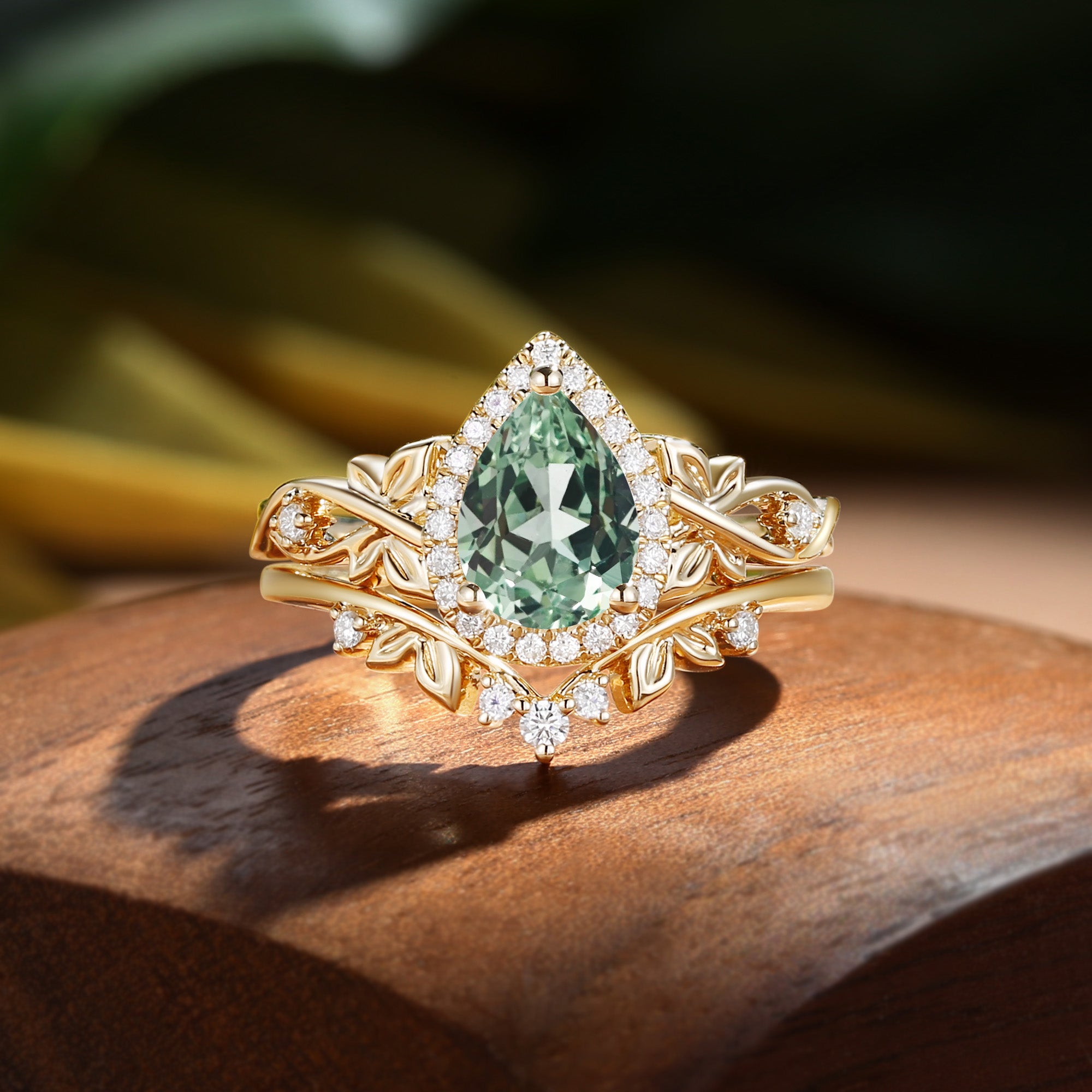 Halo Vintage Pear Cut Green Sapphire Butterfly Nature Inspired Bridal Set 2pcs - Albertine