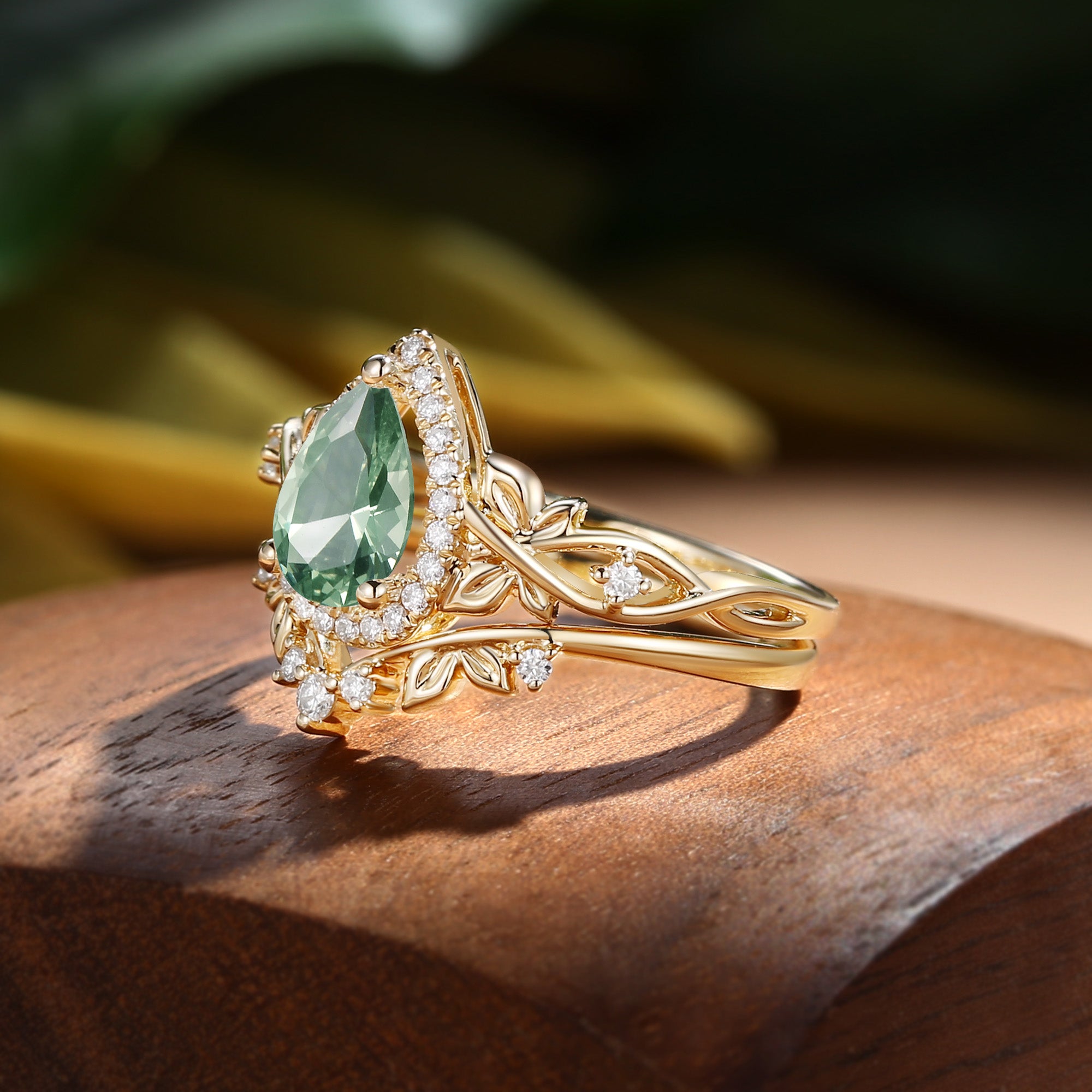 Halo Vintage Pear Cut Green Sapphire Butterfly Nature Inspired Bridal Set 2pcs - Albertine
