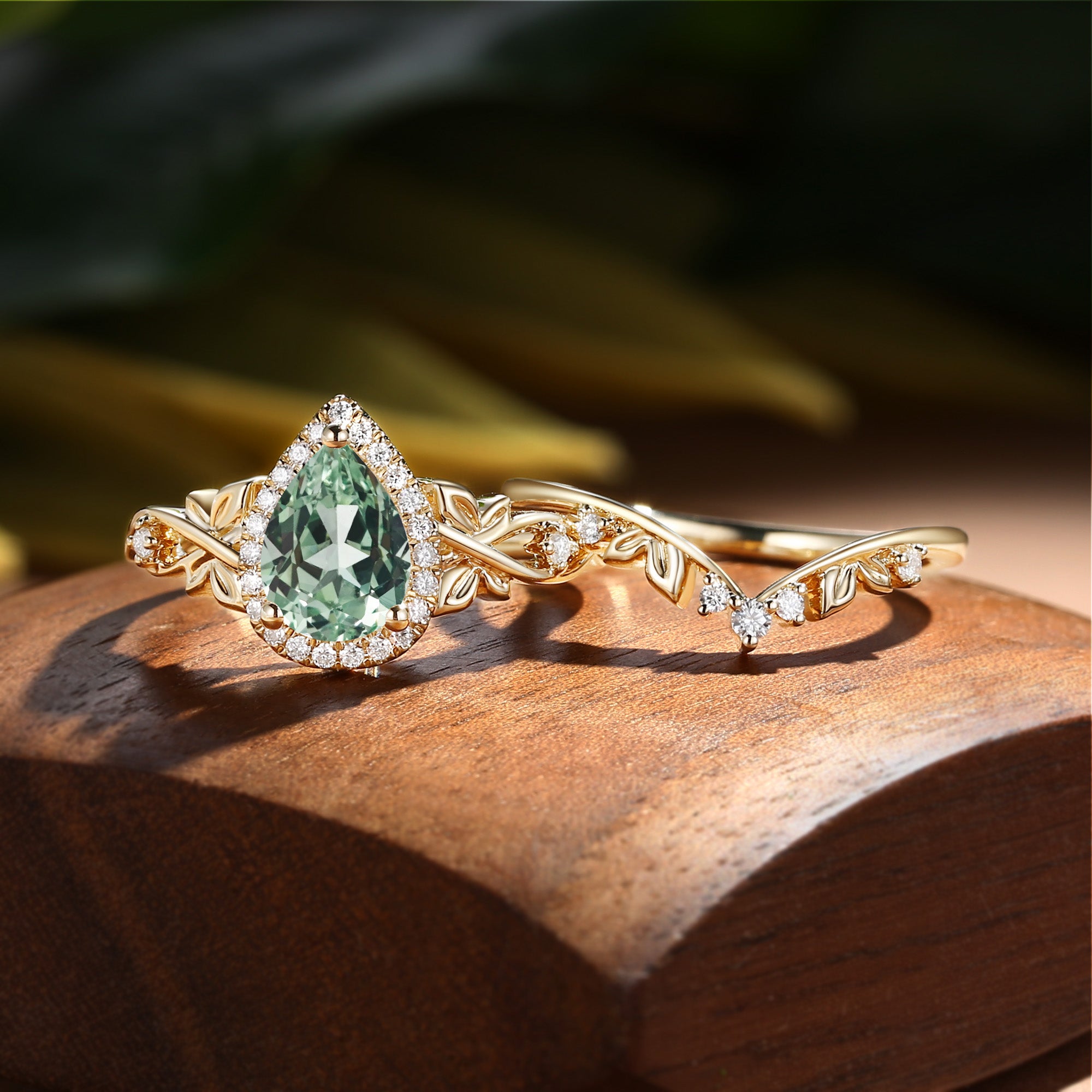 Halo Vintage Pear Cut Green Sapphire Butterfly Nature Inspired Bridal Set 2pcs - Albertine