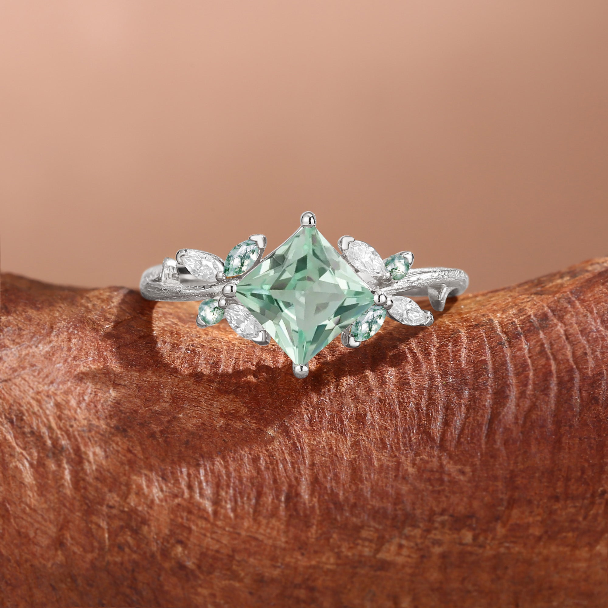 Princess Cut Lab Green Sapphire Butterfly Fairy Engagement Ring - Glenna