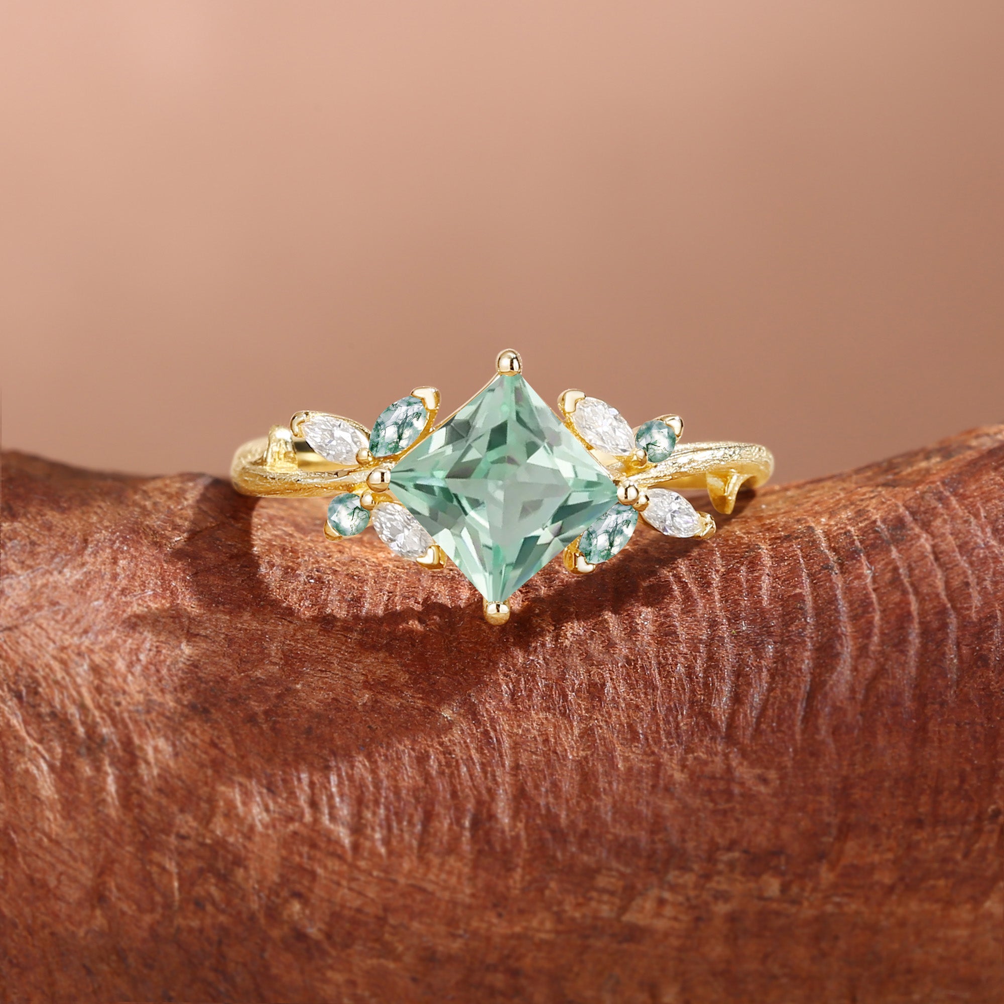 Princess Cut Lab Green Sapphire Butterfly Fairy Engagement Ring - Glenna