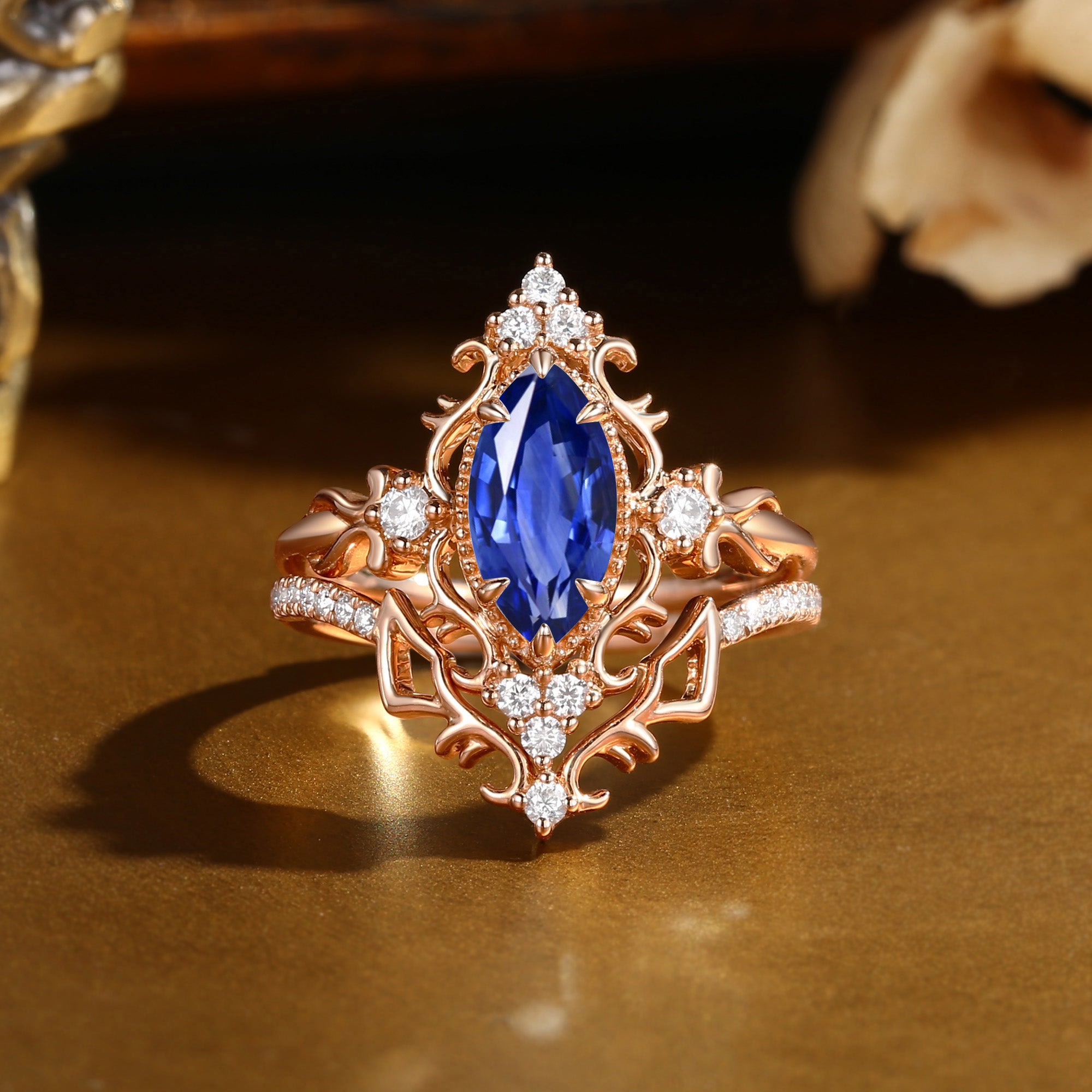 Marquise Cut Blue Sapphire Royalcore Victorian Vintage Ribbon Bridal Sets 2PCS  - Eugenie