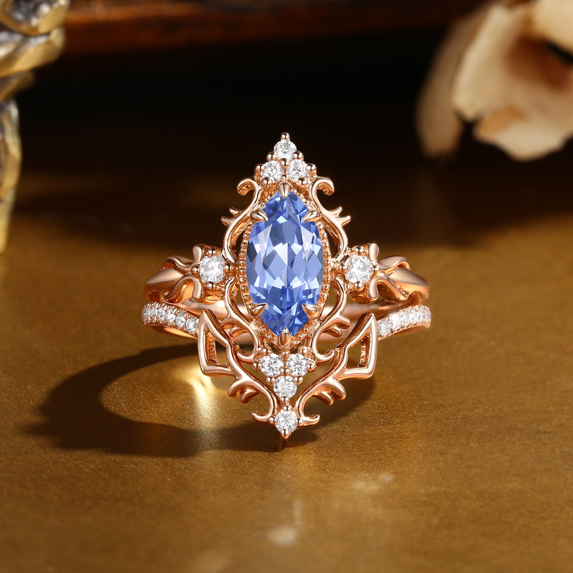 Marquise Cut Cornflower Blue Sapphire Royalcore Victorian Vintage Ribbon Bridal Sets 2PCS  - Eugenie