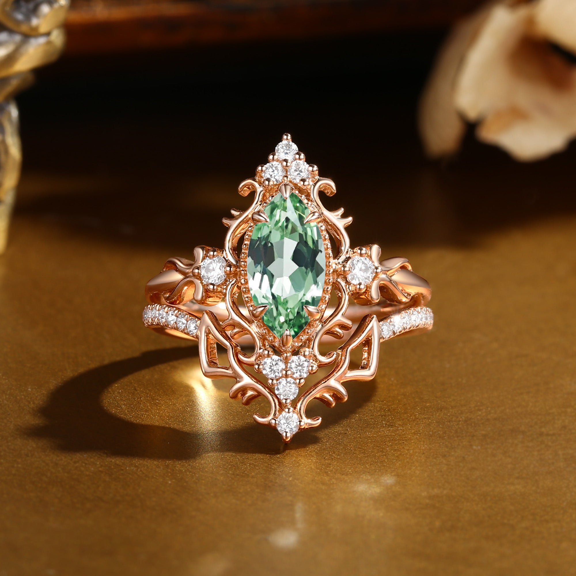 Eugenie - Marquise Cut Lab Green Sapphire Victorian Vintage Ribbon Bridal Sets 2PCS