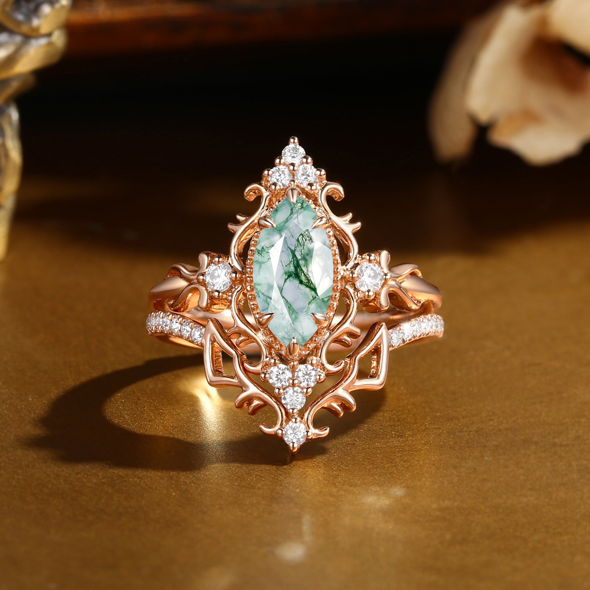 Marquise Cut Moss Agate Royalcore Victorian Vintage Ribbon Bridal Sets 2PCS  - Eugenie