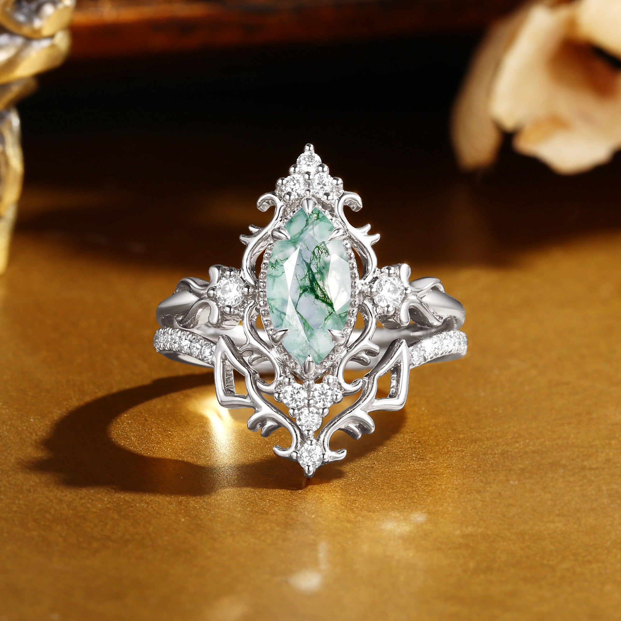 Marquise Cut Moss Agate Royalcore Victorian Vintage Ribbon Bridal Sets 2PCS  - Eugenie