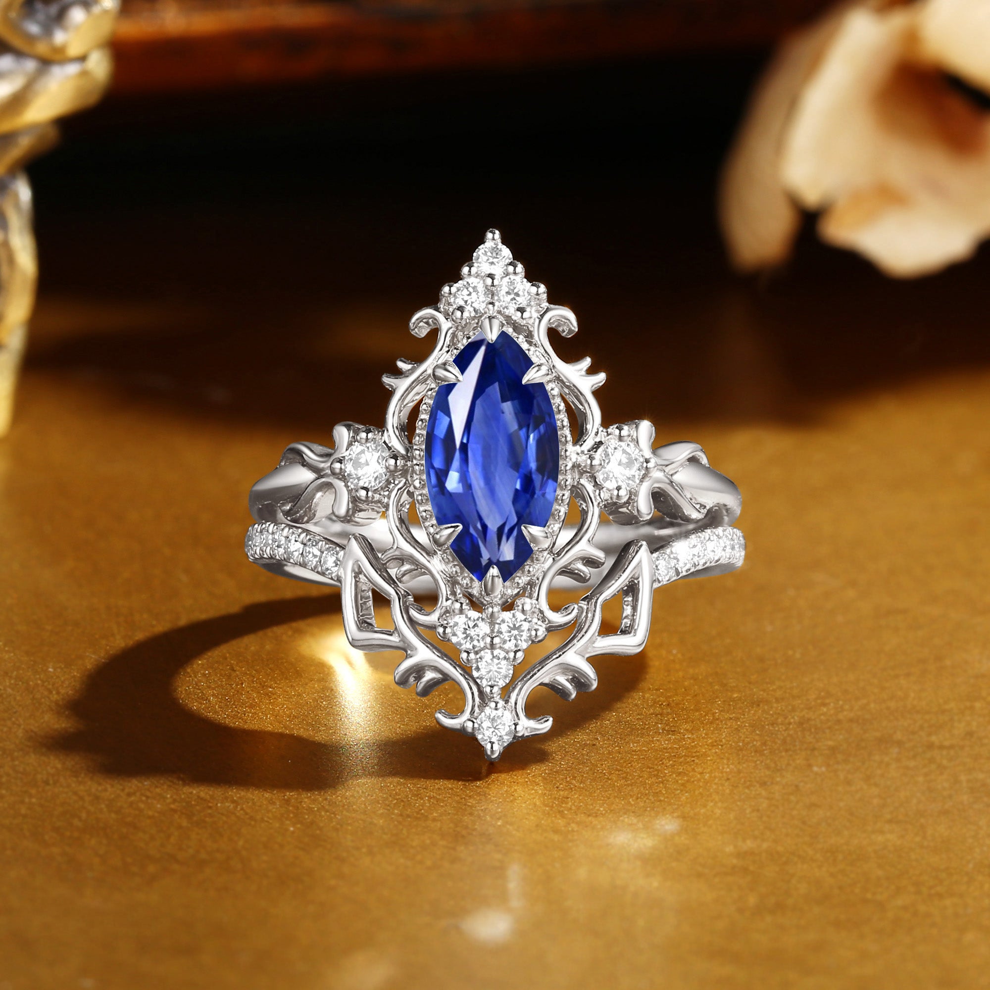 Marquise Cut Blue Sapphire Royalcore Victorian Vintage Ribbon Bridal Sets 2PCS  - Eugenie