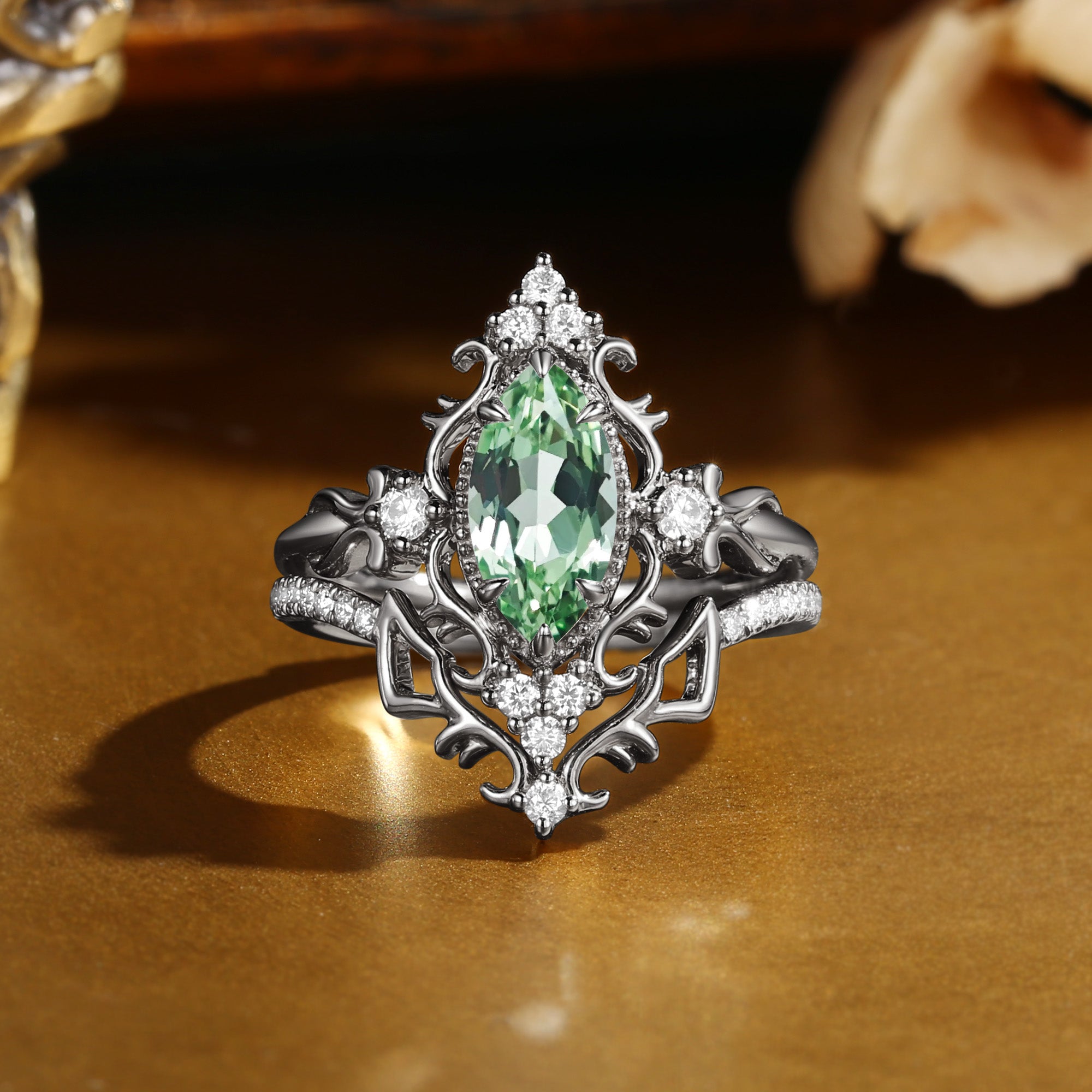 Eugenie - Marquise Cut Lab Green Sapphire Victorian Vintage Ribbon Bridal Sets 2PCS
