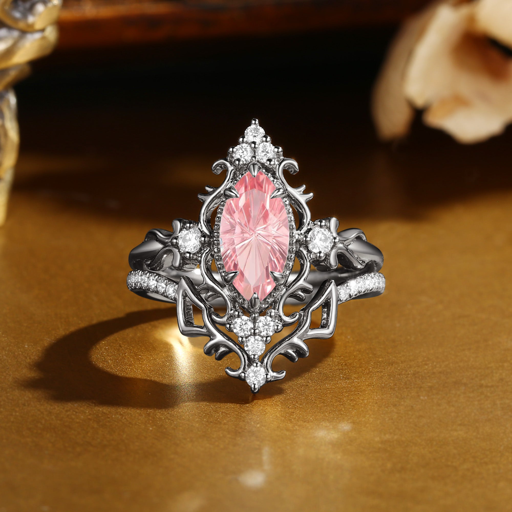 Eugenie - Marquise Firework Cut Padparadscha Royalcore Victorian Vintage Ribbon Bridal Sets 2PCS