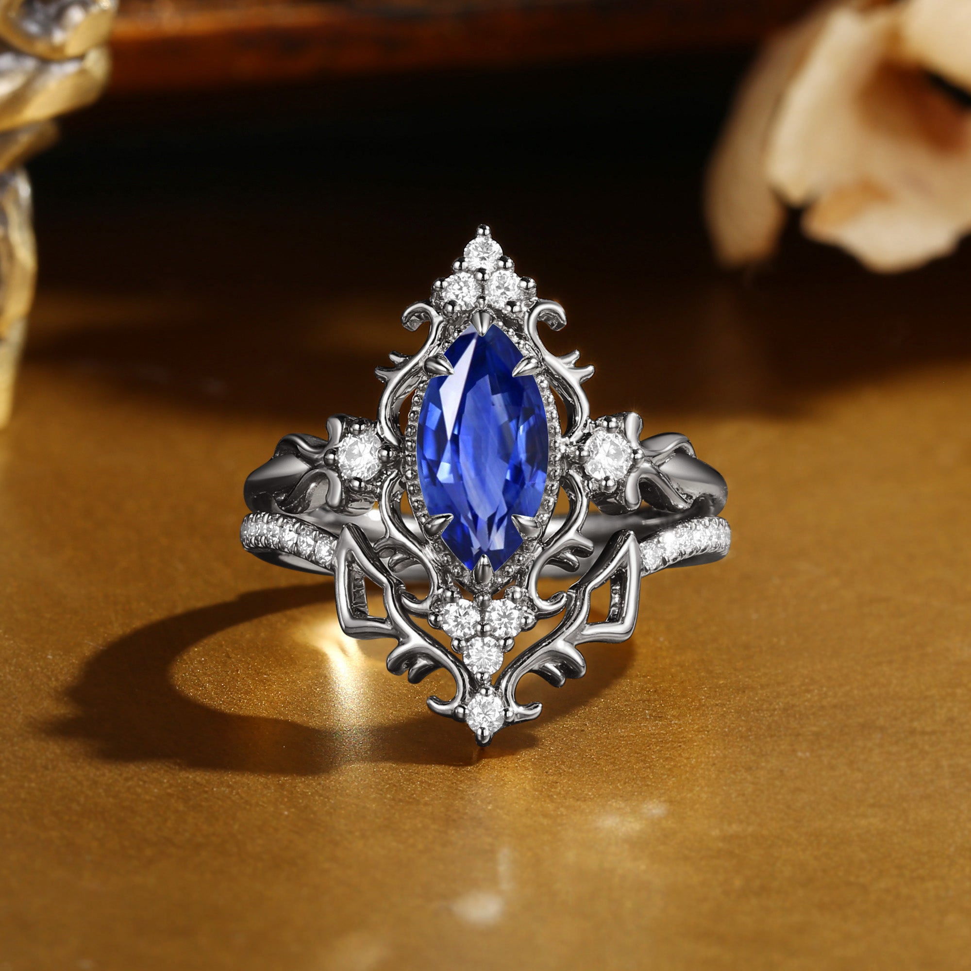 Marquise Cut Blue Sapphire Royalcore Victorian Vintage Ribbon Bridal Sets 2PCS  - Eugenie