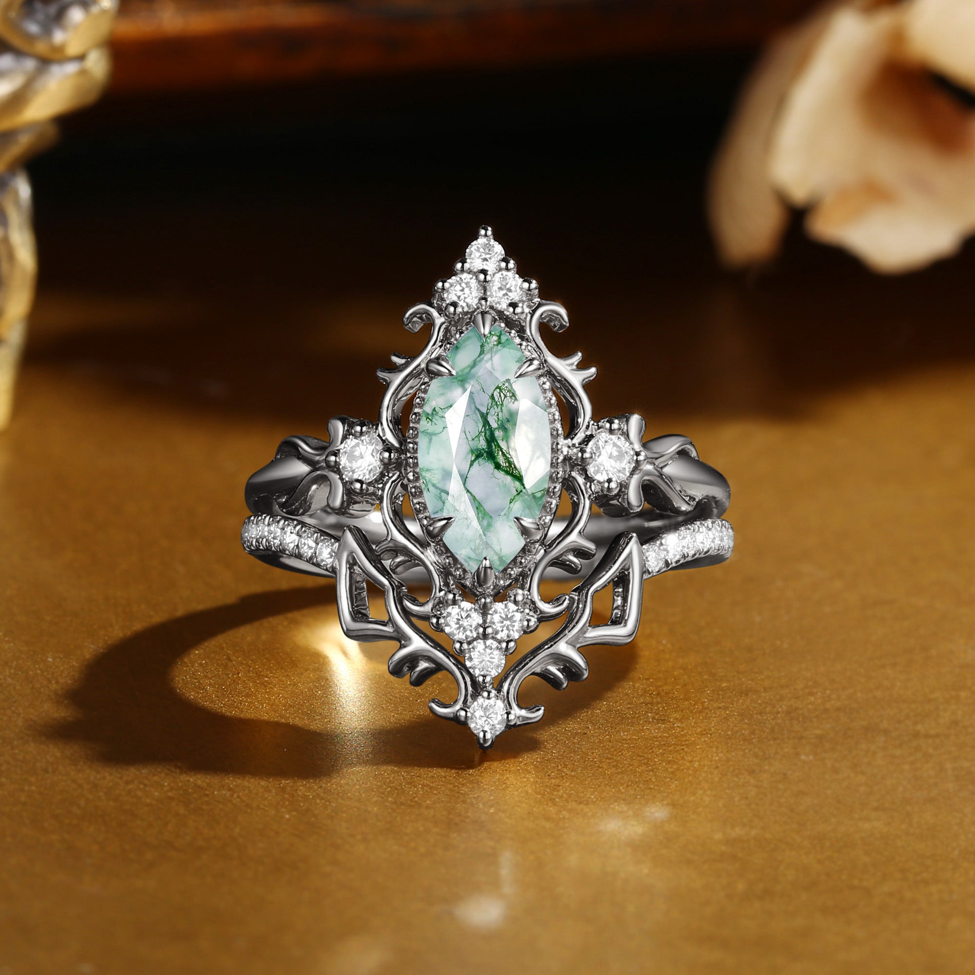 Marquise Cut Moss Agate Royalcore Victorian Vintage Ribbon Bridal Sets 2PCS  - Eugenie