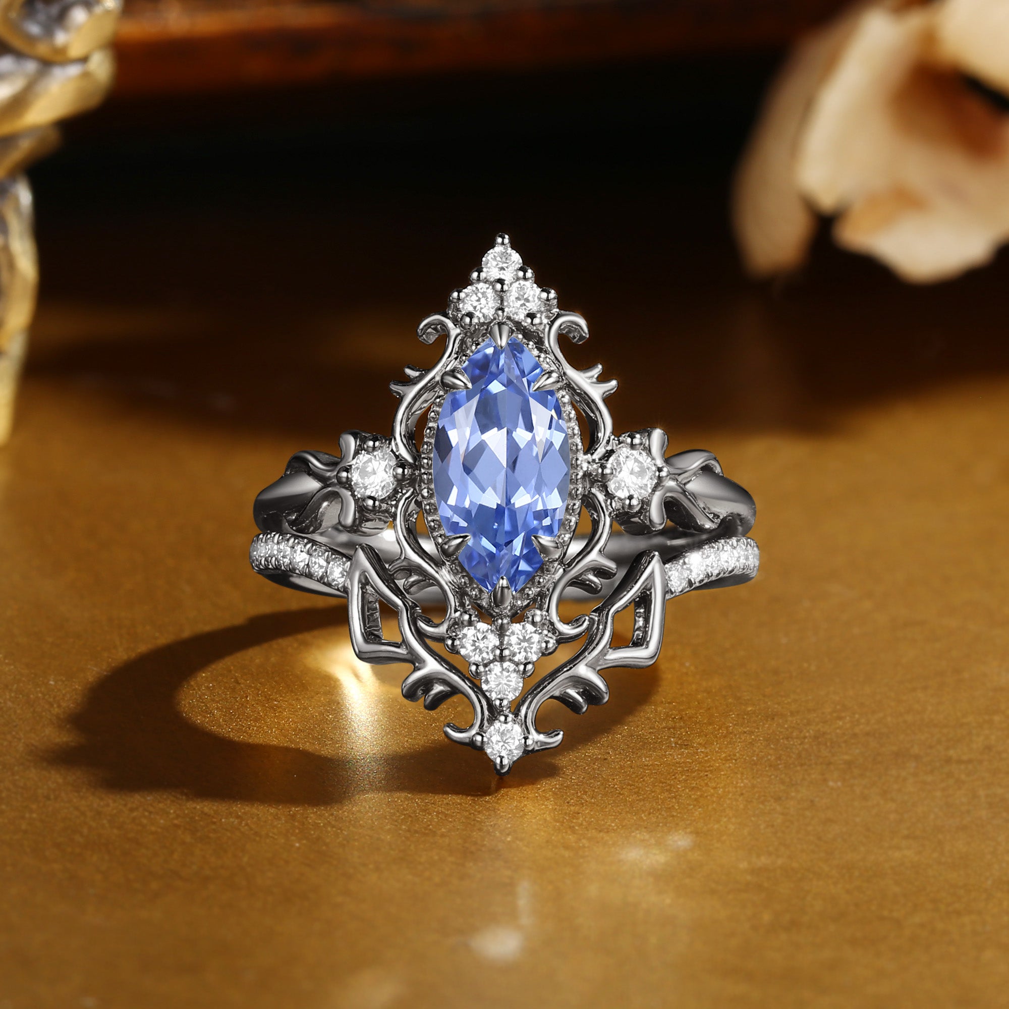 Marquise Cut Cornflower Blue Sapphire Royalcore Victorian Vintage Ribbon Bridal Sets 2PCS  - Eugenie